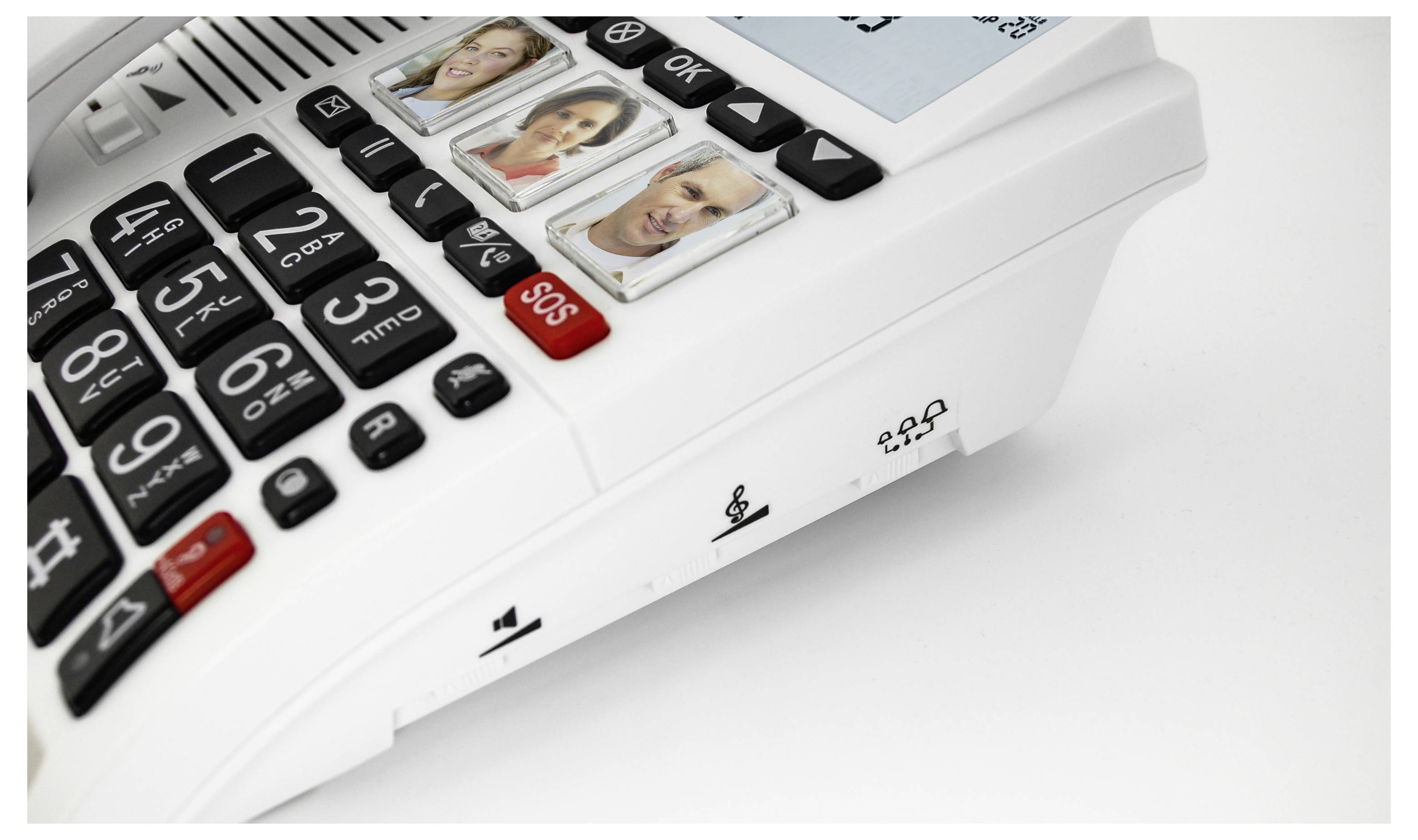 Ein Telefon mit großen Tasten, darunter 'SOS', und Foto-Schnellwahltasten, die auf Notfallkontakte hinweisen, sowie Lautstärkeregler.