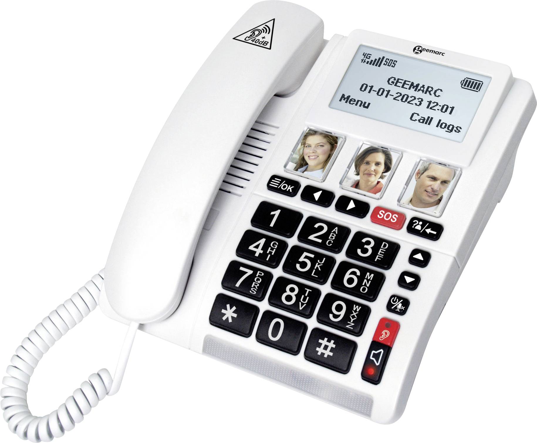 Weißes Festnetztelefon mit großen Tasten und Fotos von drei Personen für Kurzwahl. Zeigt Datum '01-01-2023' und Uhrzeit '12:01'.