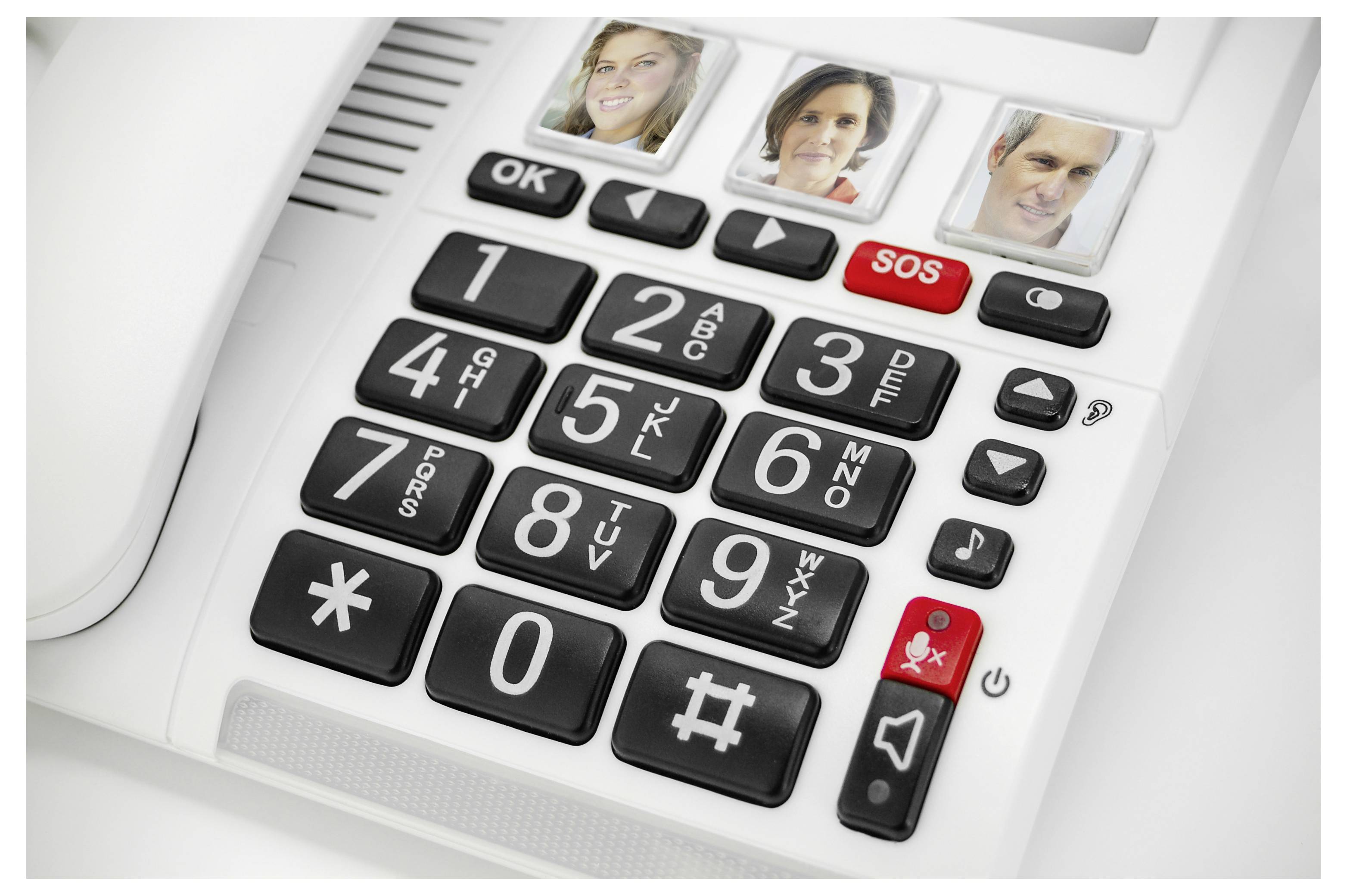 Telefon mit großen Tasten, Fotos für Kurzwahl, und roter SOS-Notruftaste.