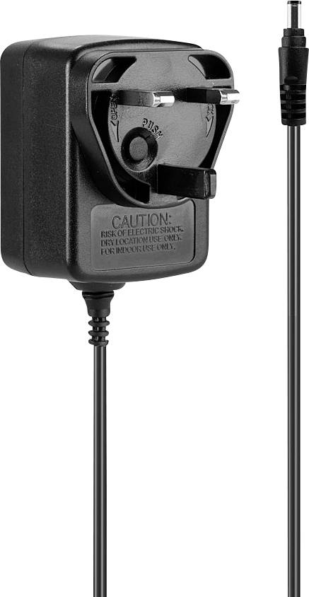 Schwarzes Netzteil mit Stecker und Kabel, neben einer Sicherheitswarnung auf der Vorderseite. Geeignet für elektronische Geräte.