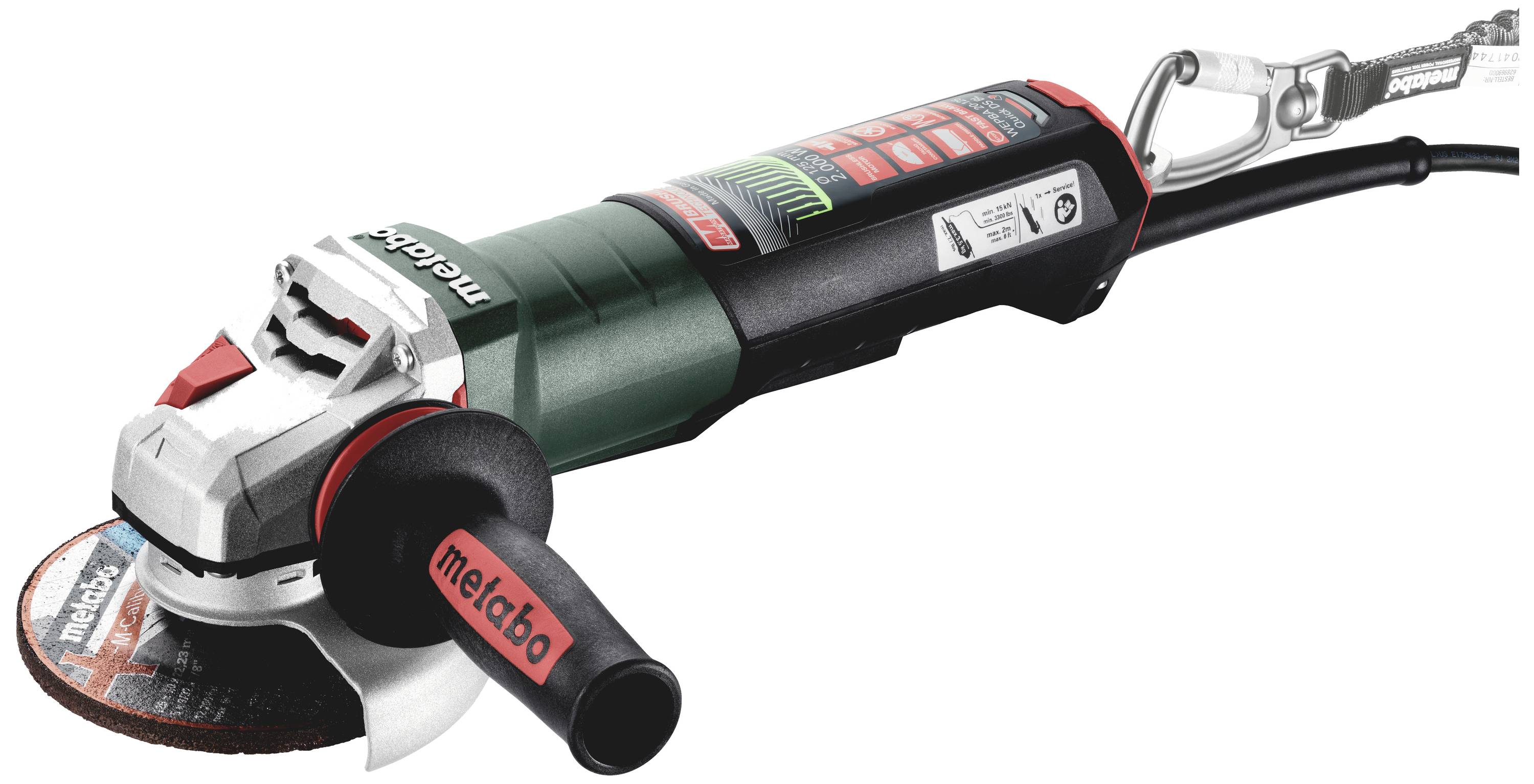 Winkelschleifer der Marke Metabo mit rotem und schwarzem Design, schwarzem Stielgriff und abgewinkeltem Schneidblatt.