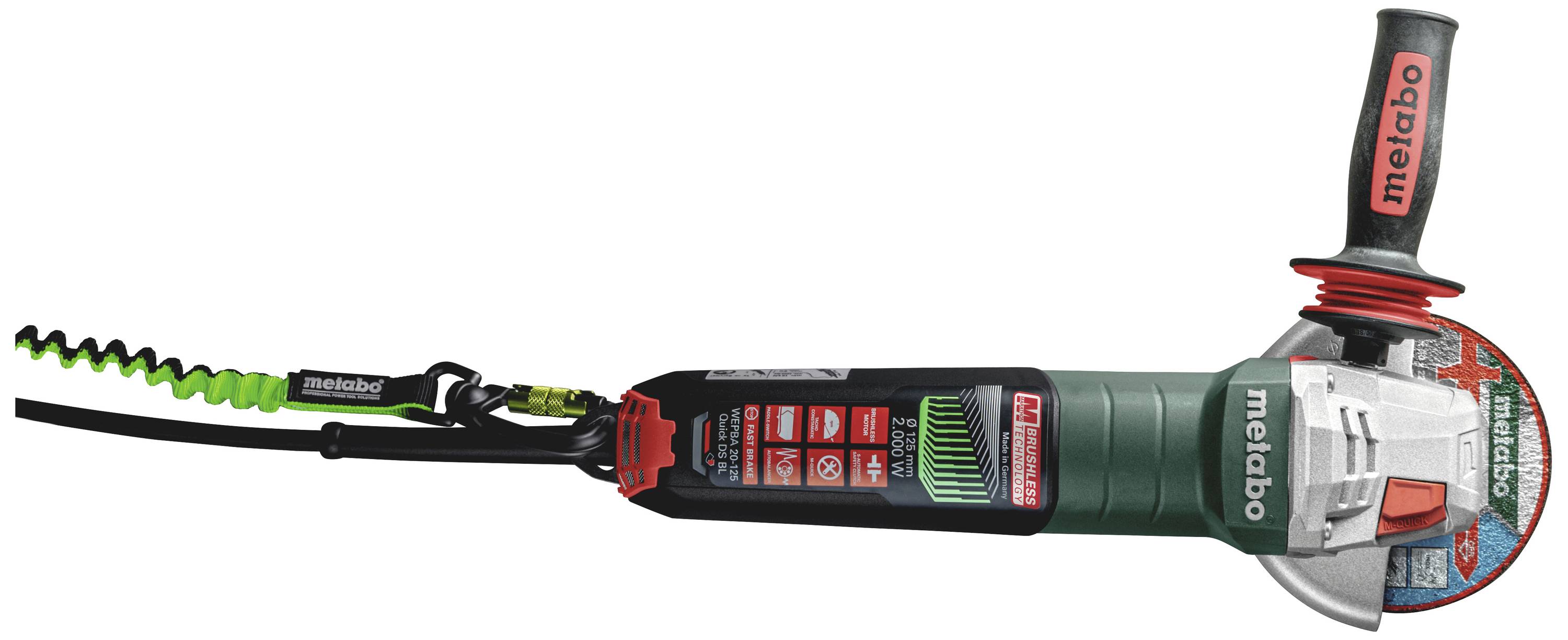 Winkelschleifer mit grünem Gehäuse und rotem Griff, Marke sichtbar.