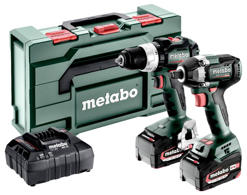 Metabo Akku-Bohrmaschine und Schlagschrauber-Set mit zwei Batterien und Transportkoffer.