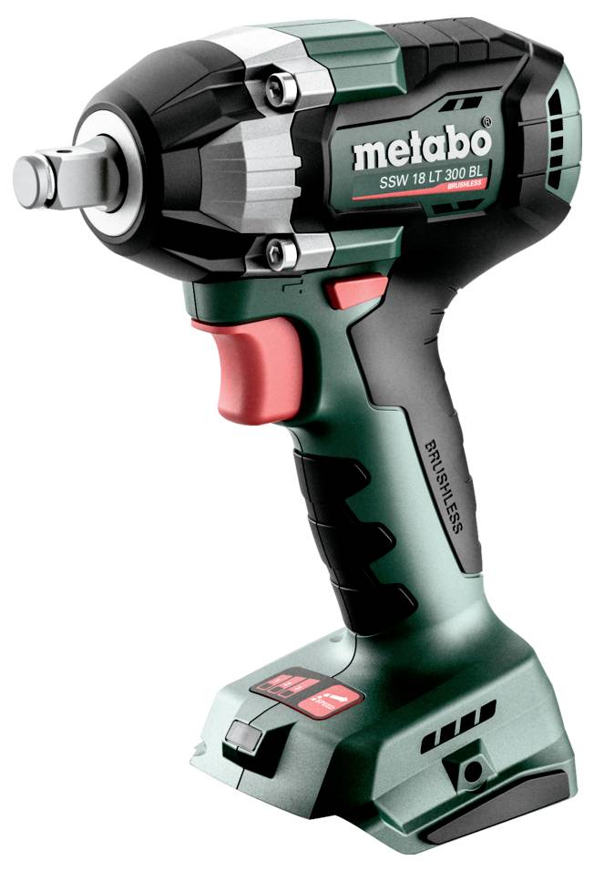 Schlagschrauber von Metabo ohne Kabel, in Profilansicht auf weißem Hintergrund, mit Batteriefuß und rotem Auslöser.