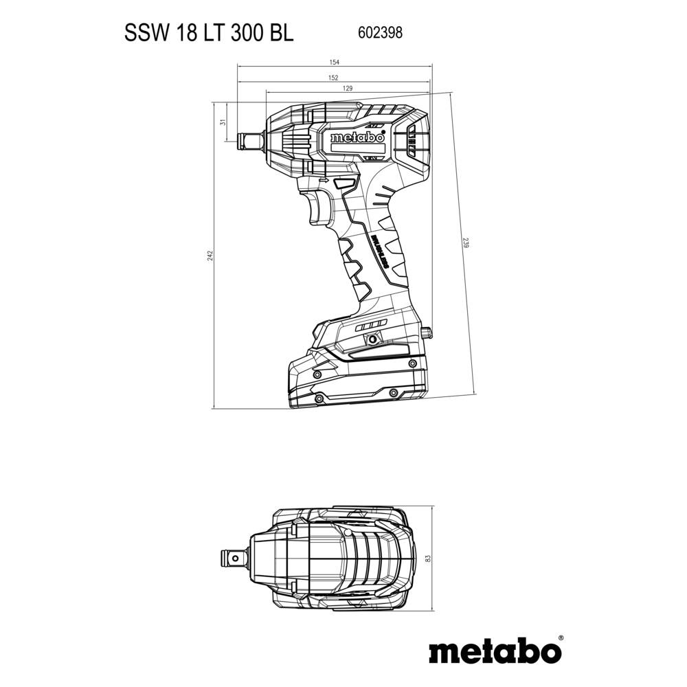 Technische Strichzeichnung eines Metabo-Akkuschraubers mit Schlagfunktion, gekennzeichnet mit „SSW 18 LT 300 BL