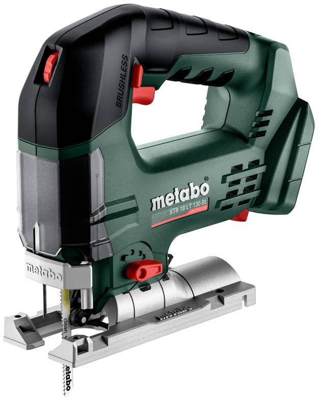 Stichsäge von Metabo, dunkelgrün, mit ergonomischem Griff und silbernem Sägeblatt. Geeignet für präzises Schneiden von Holz.