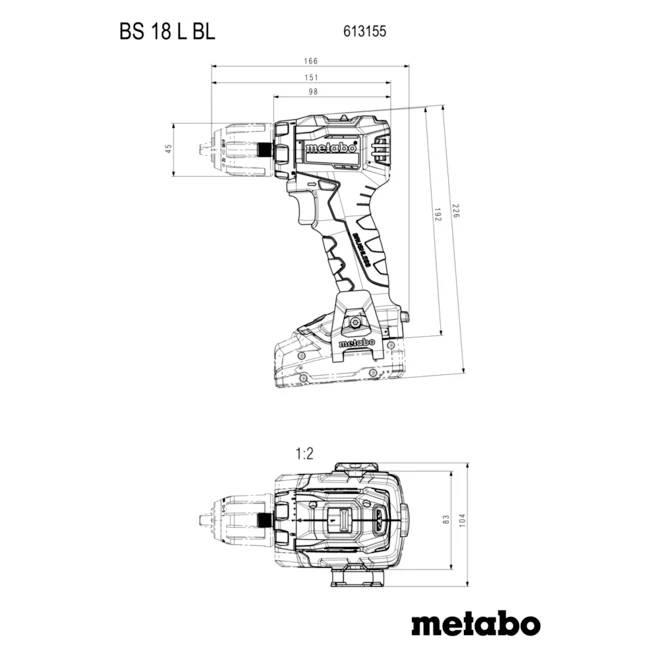 Technische Zeichnung des Metabo BS 18 L BL Akkubohrers mit Abmessungen, Modellnummer 613155, Seiten- und Draufsicht dargestellt.