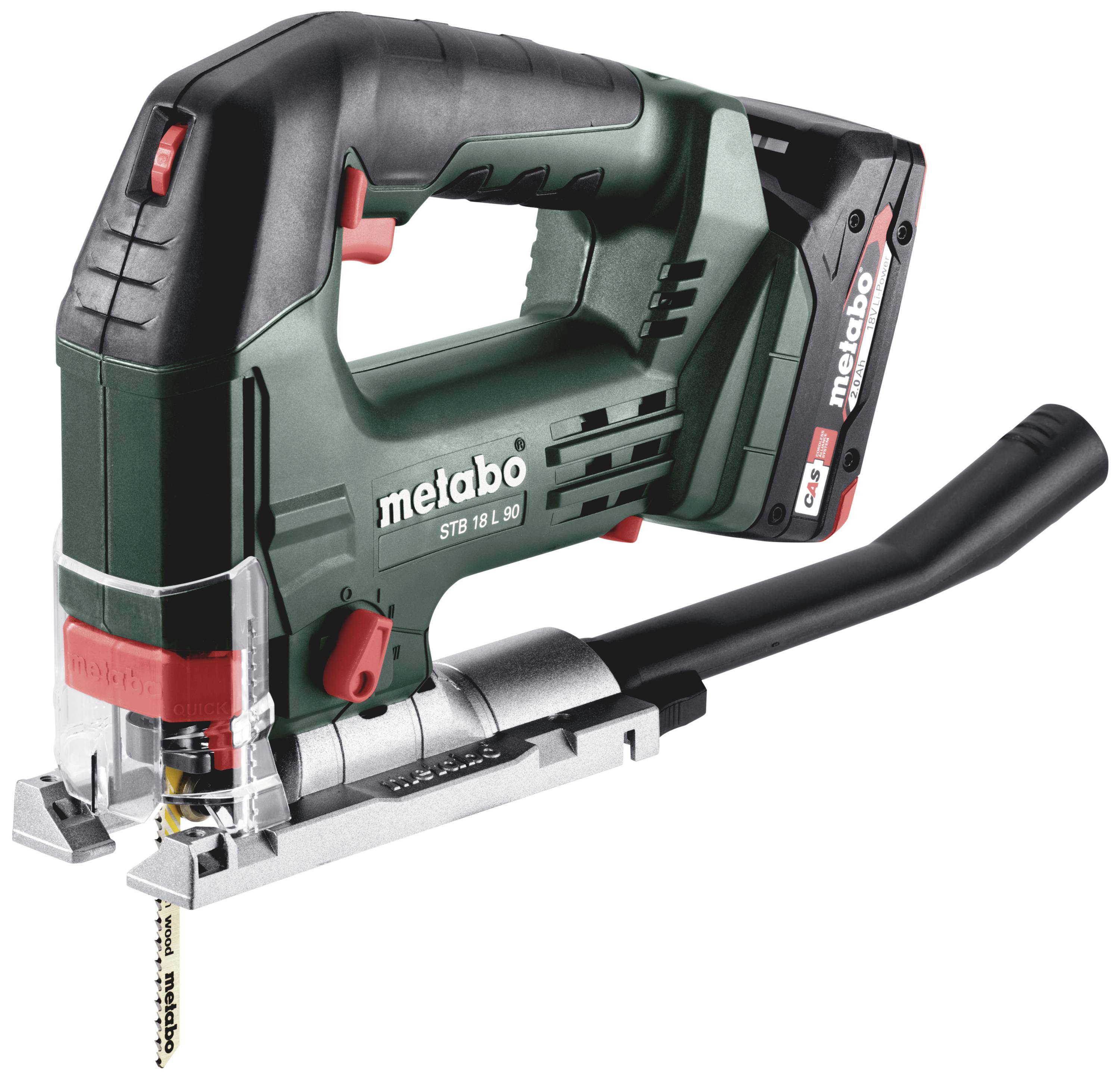 Eine kabellose grüne Stichsäge von Metabo, Modell STB 18 L 90, mit Akku an der Rückseite und grauem Griff.