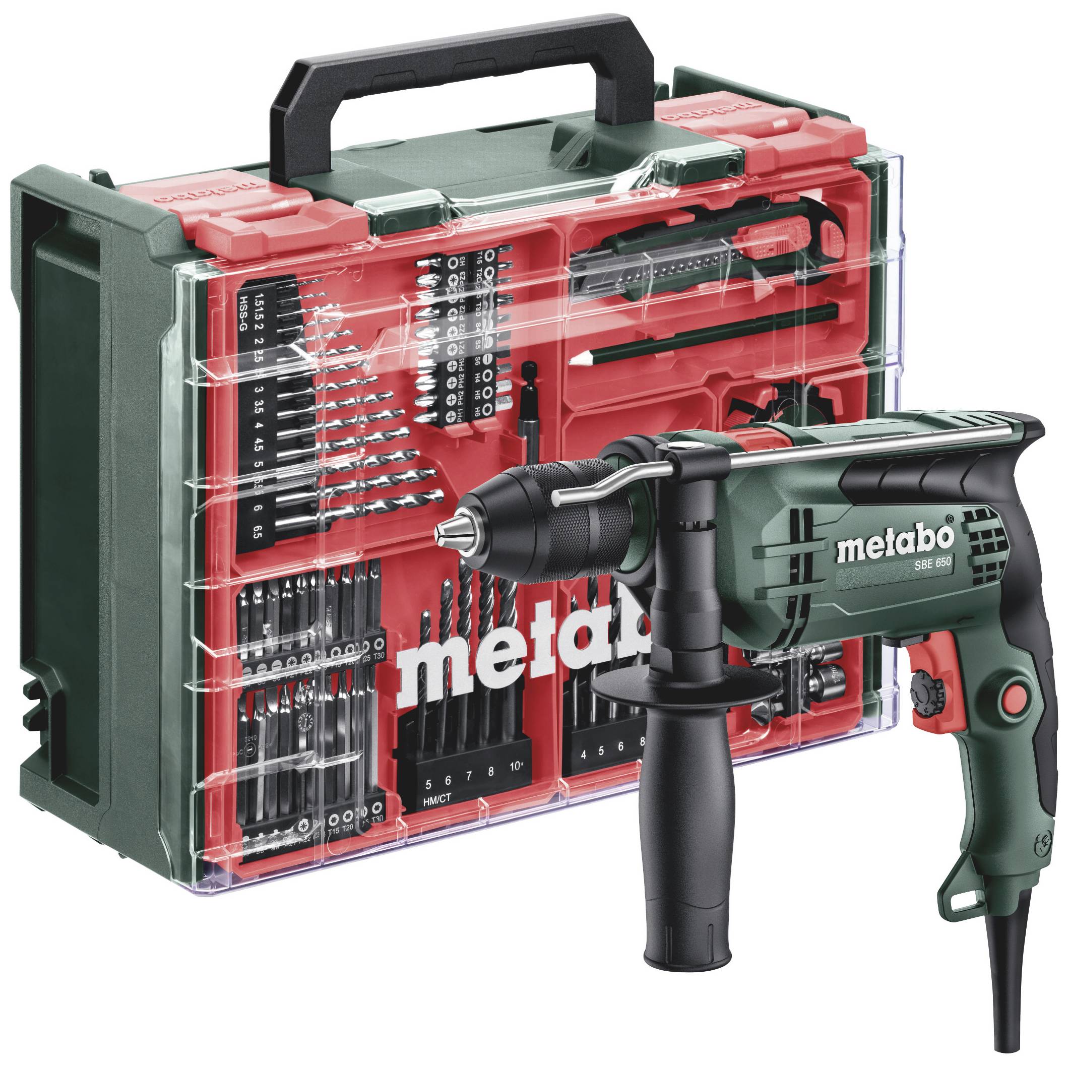 Bohrmaschine mit Zubehörkoffer. Enthält verschiedene Bohrer und Bits. Marke 'Metabo', Modell 'SBE 650'. Ideal für Heimwerkerprojekte.
