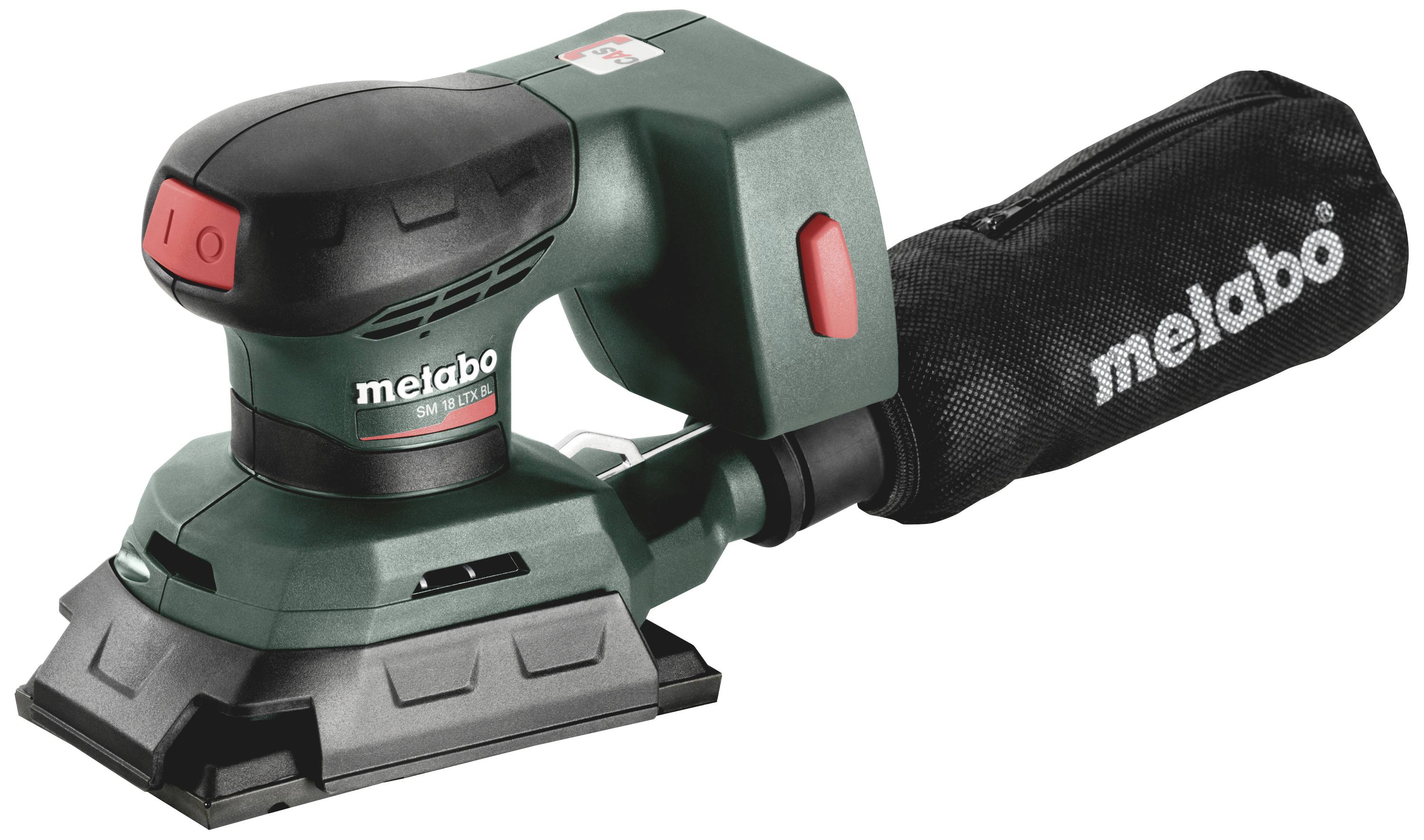 Das Bild zeigt ein grünes Metabo-Elektrowerkzeug mit schwarzem Staubsack, speziell einen Multischleifer, auf weißem Hintergrund.