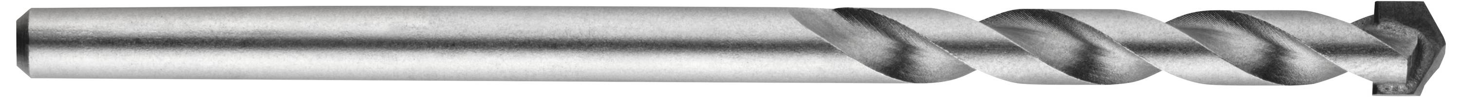 Ein silberner Metallbohrer mit drei spiralförmigen Schneiden, verwendet zum Bohren in feste Materialien.