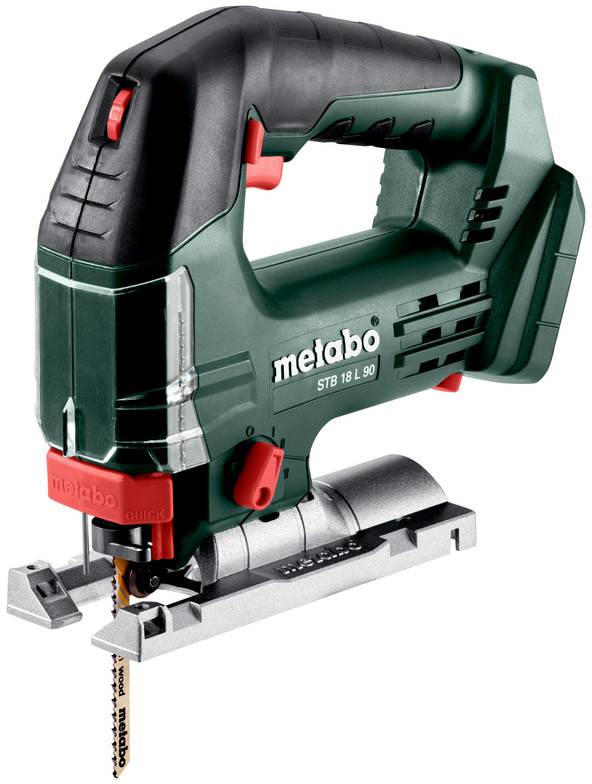 Eine grüne Stichsäge von Metabo, Modell STB 18 L 90, vor weißem Hintergrund.