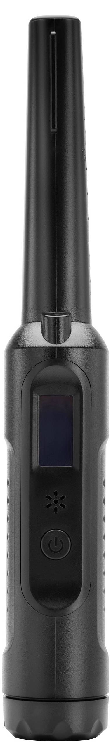 Ein schwarz-grauer elektrischer Staubwedel mit schmalem Griff und ovalem Lüftungsschlitz. Geeignet für die Reinigung von Elektronik.