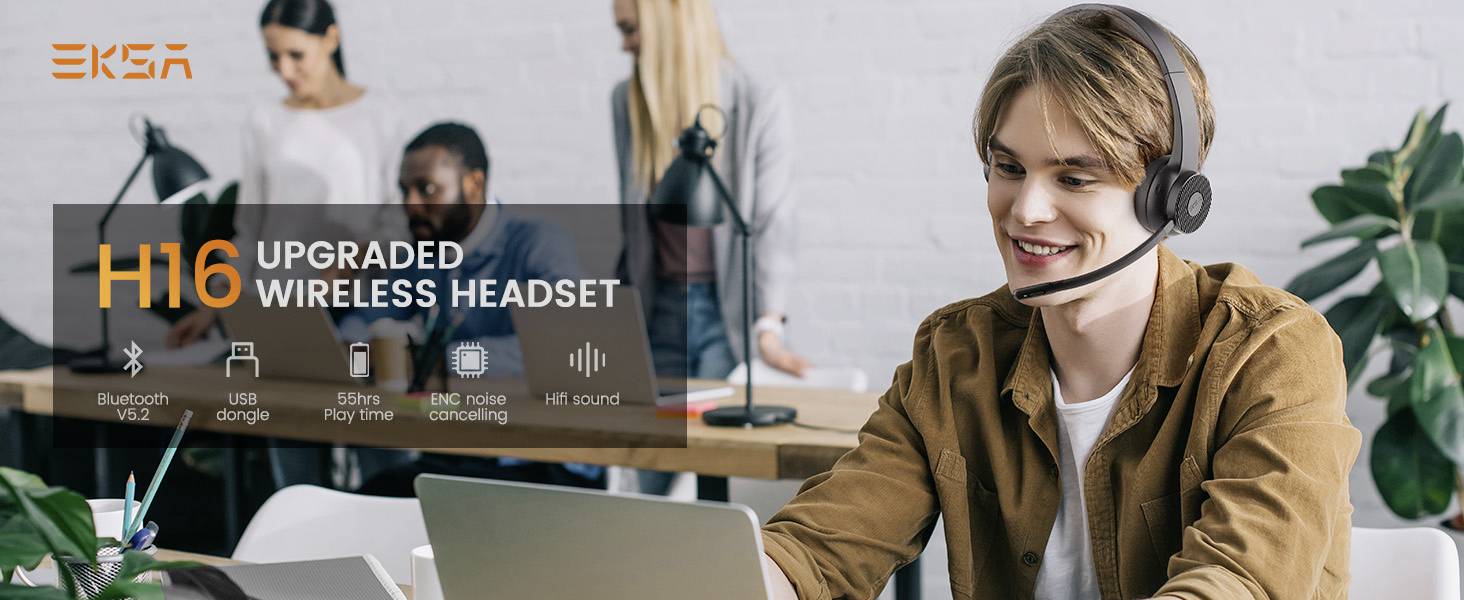 EKSA H16 On Ear Headset Bluetooth® Schwarz Noise Cancelling, Mikrofon-Rauschunterdrückung Headset, Lautstärkeregelung