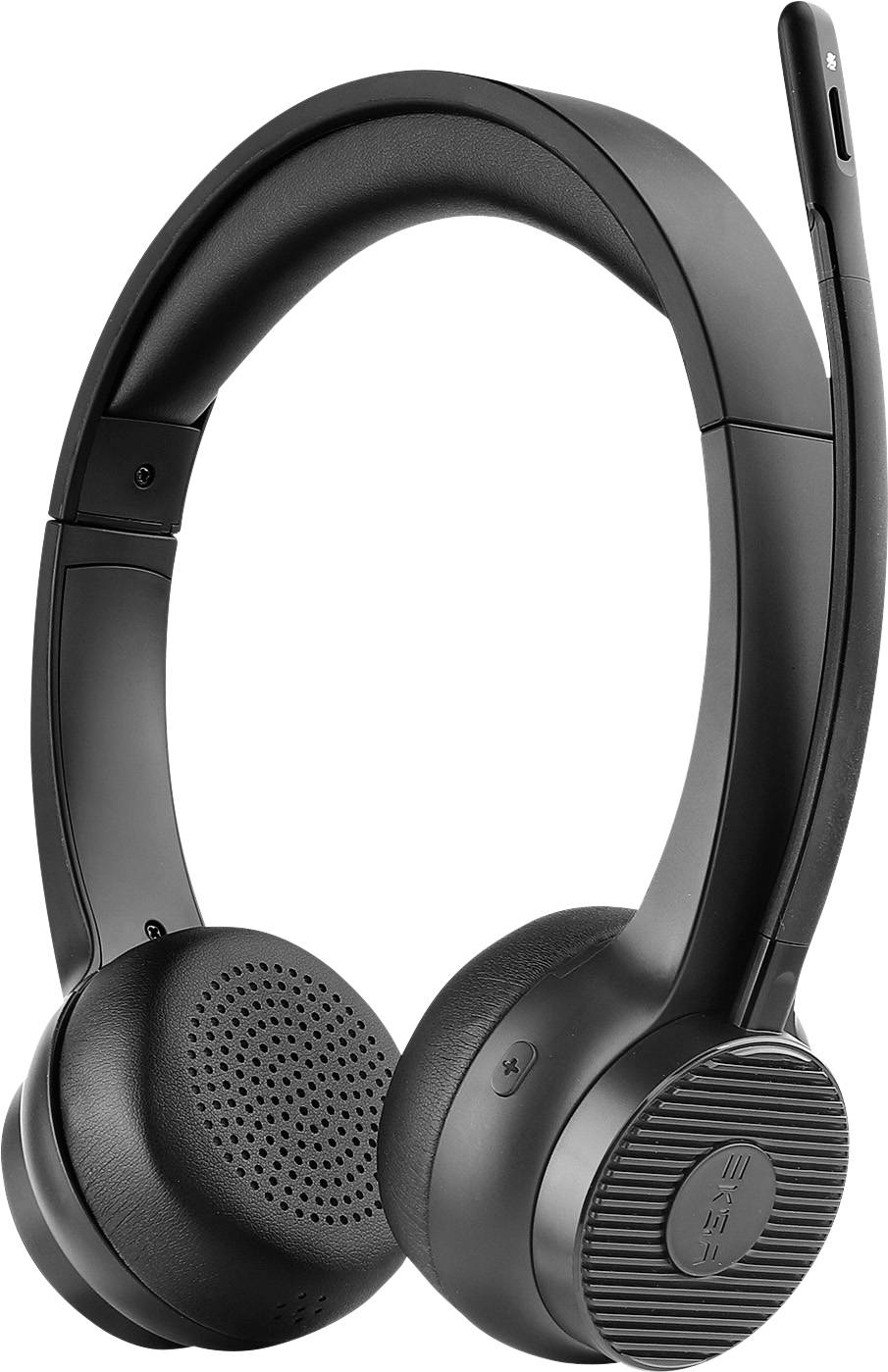 Schwarzes kabelloses Headset mit gepolsterten Ohrenmuscheln und verstellbarem Kopfband. Elegantes Design für komfortable Audiowiedergabe.