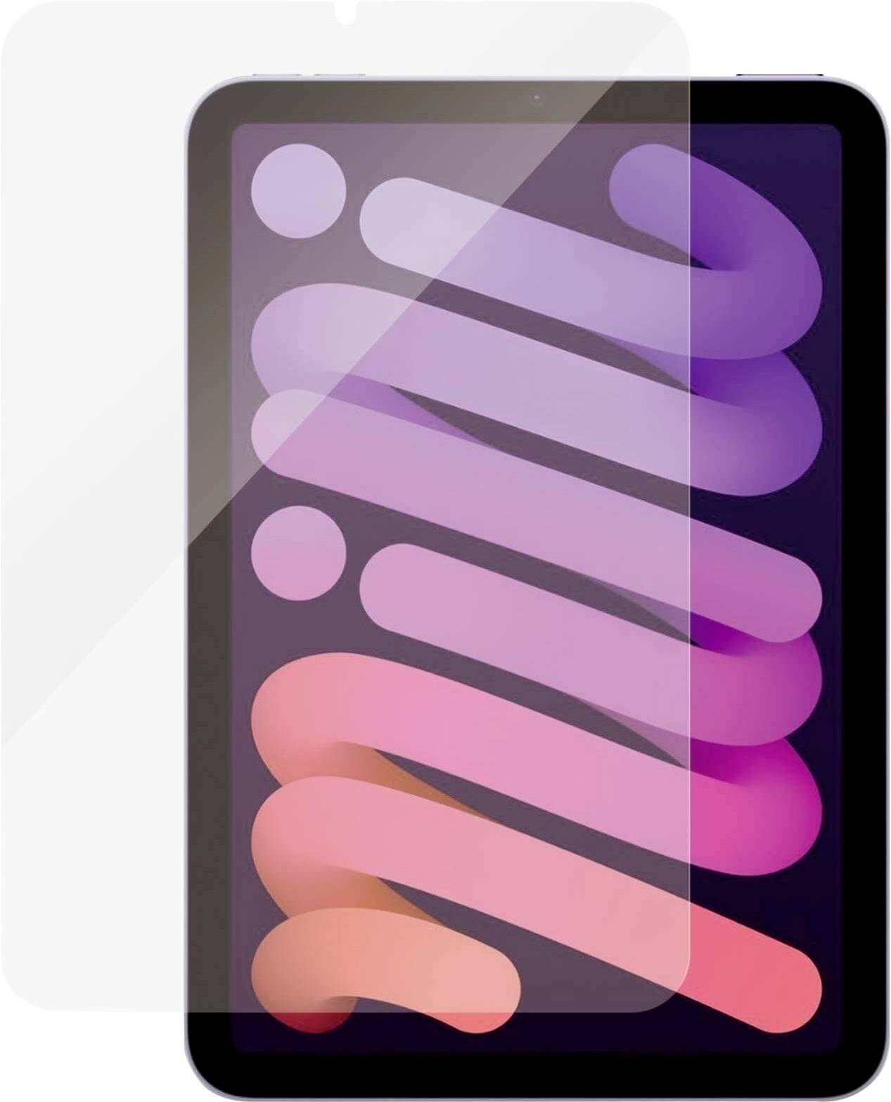 Tablet mit farbenfrohem Bildschirmdesign in Lila- und Pinktönen. Der Bildschirm zeigt eine Schutzfolie, die teilweise abgelöst ist.