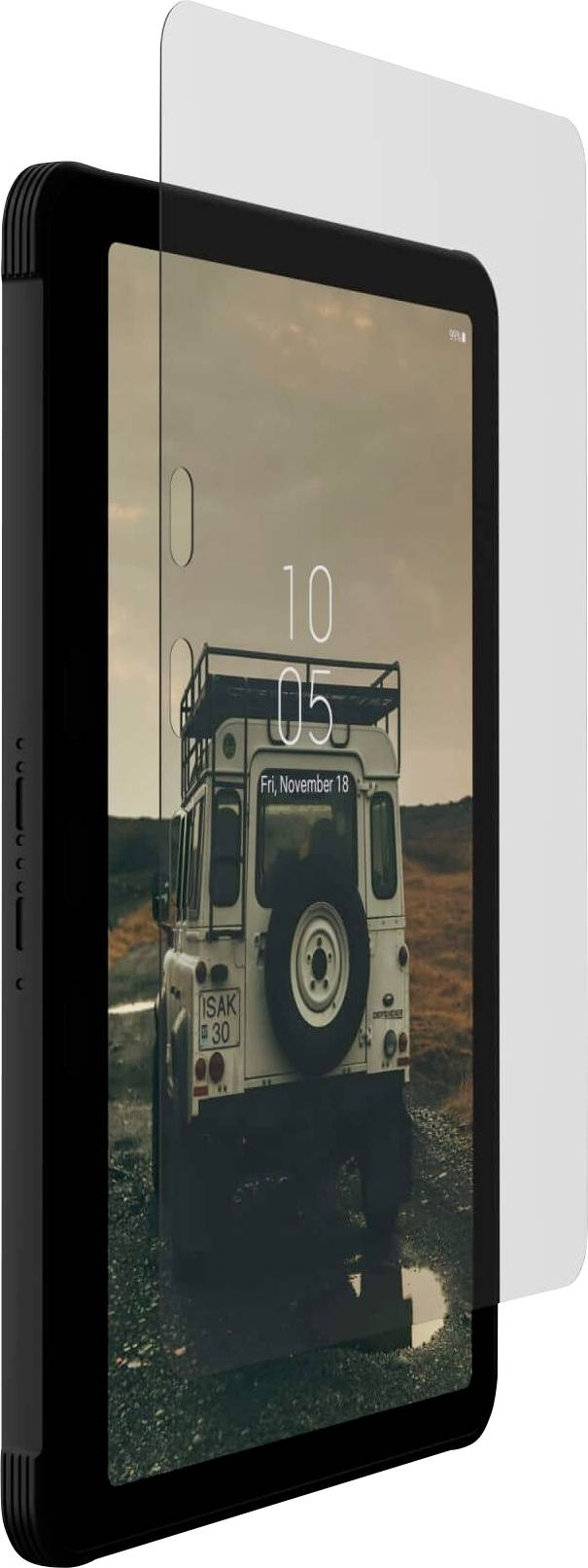 Ein Tablet mit einem Bild eines Geländewagens auf dem Bildschirm. Die Uhrzeit 10:05 und das Datum Freitag, 18. November werden angezeigt.