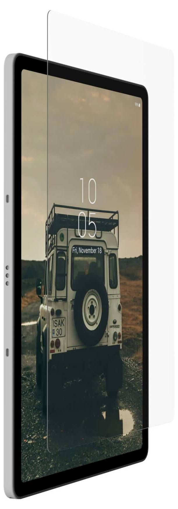 Tablet mit Bildschirmschutz, zeigt Bild eines Geländewagens in natürlicher Umgebung. Bildschirm zeigt Datum 'Fr., November 13'.