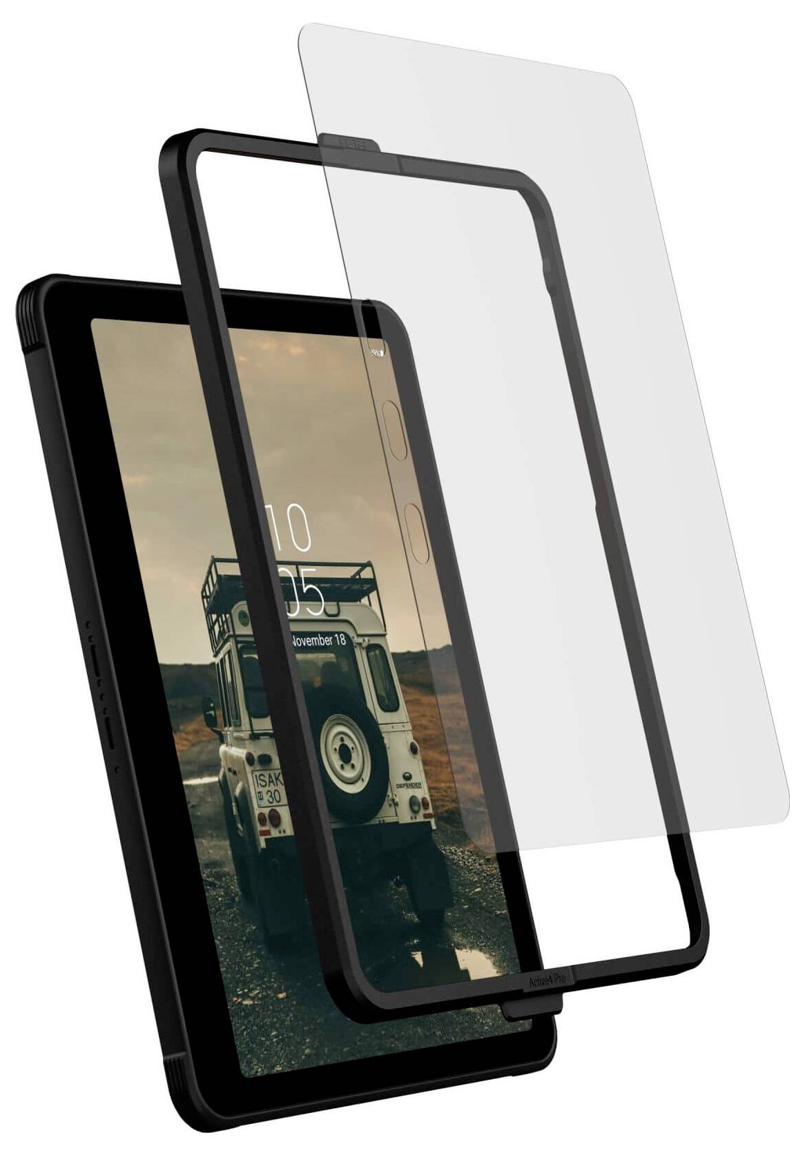 Tablet mit einem abgebildeten Geländewagen auf dem Display, geschützt durch eine transparente, abnehmbare Schutzfolie.