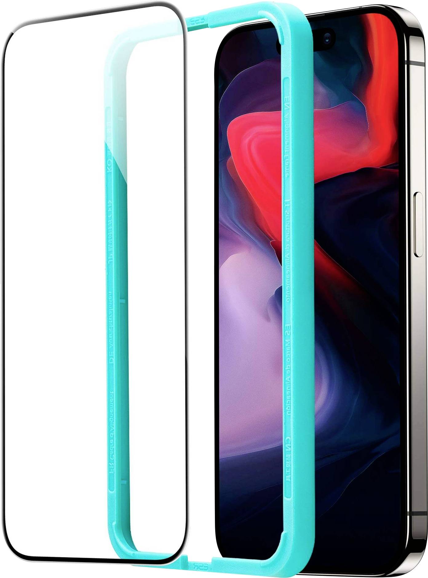 Smartphone mit buntem Display, daneben eine durchsichtige Schutzfolie mit einem blauen Rahmen.