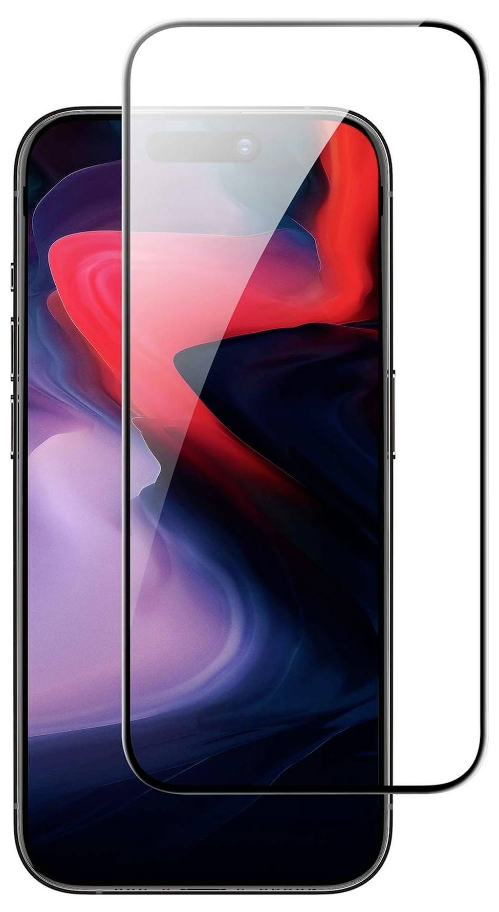 Smartphone mit farbenfrohem Hintergrundbild, das an fließende Farben erinnert. Ein Bildschirmschutz liegt daneben.