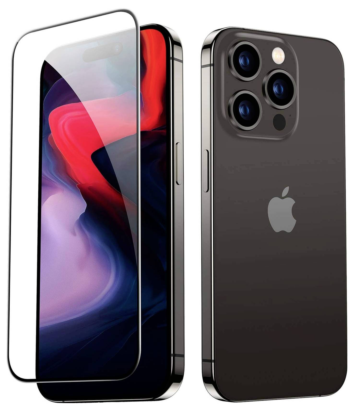 Smartphone mit dunklem Gehäuse, abgerundeten Ecken und großem Display. Drei Kameras hinten. Schutzfolie für den Bildschirm daneben.