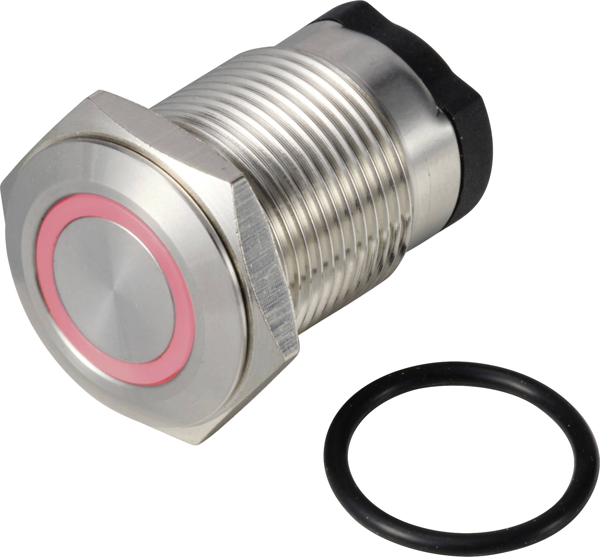 Ein runder, metallischer Drucktaster mit rotem Leuchtring. Daneben liegt ein schwarzer O-Ring.