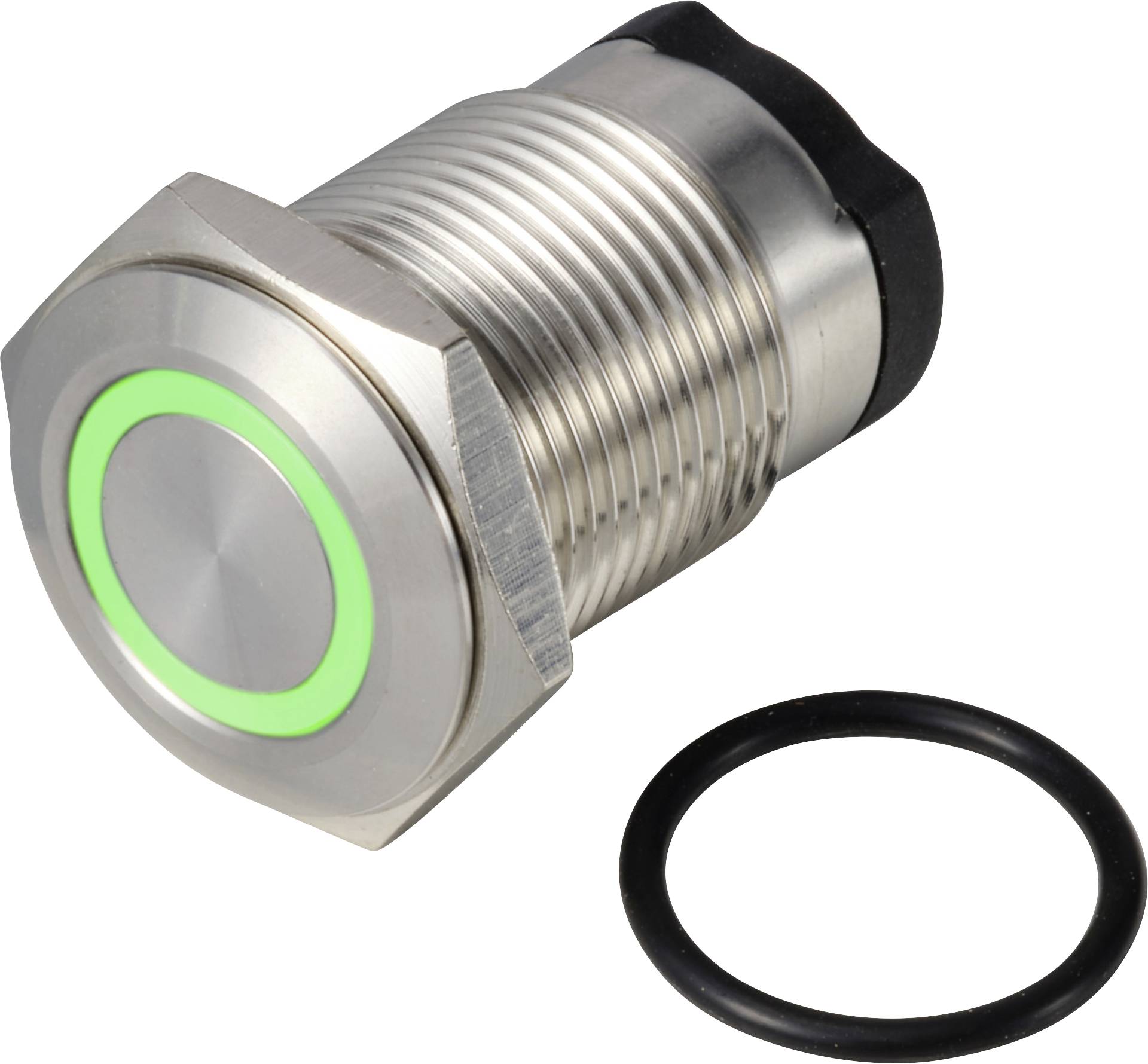 Ein metallischer Druckknopf mit grünem LED-Ring, daneben ein schwarzer Dichtungsring. Geeignet für Einbauanwendungen.