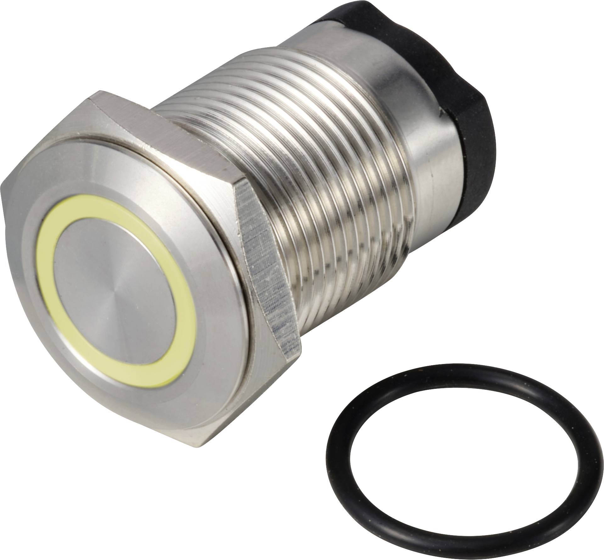Metallschalter mit rundem gelben Ring und geriffeltem Gehäuse, daneben ein schwarzer Dichtungsring.