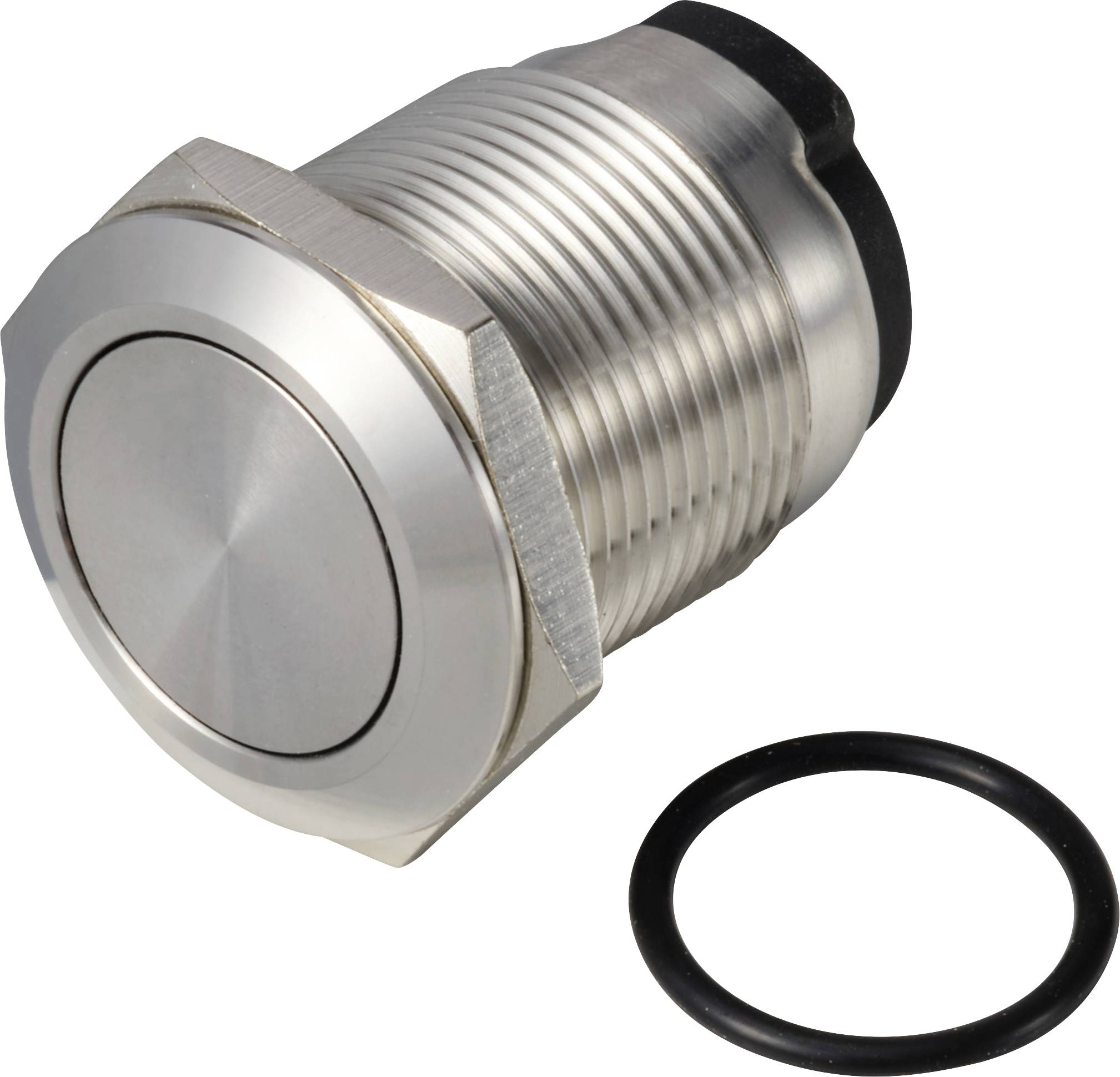 Silberner Druckknopf aus Metall mit rundem, flachem Design neben einem schwarzen Gummidichtungsring. Geeignet für industrielle Anwendungen.