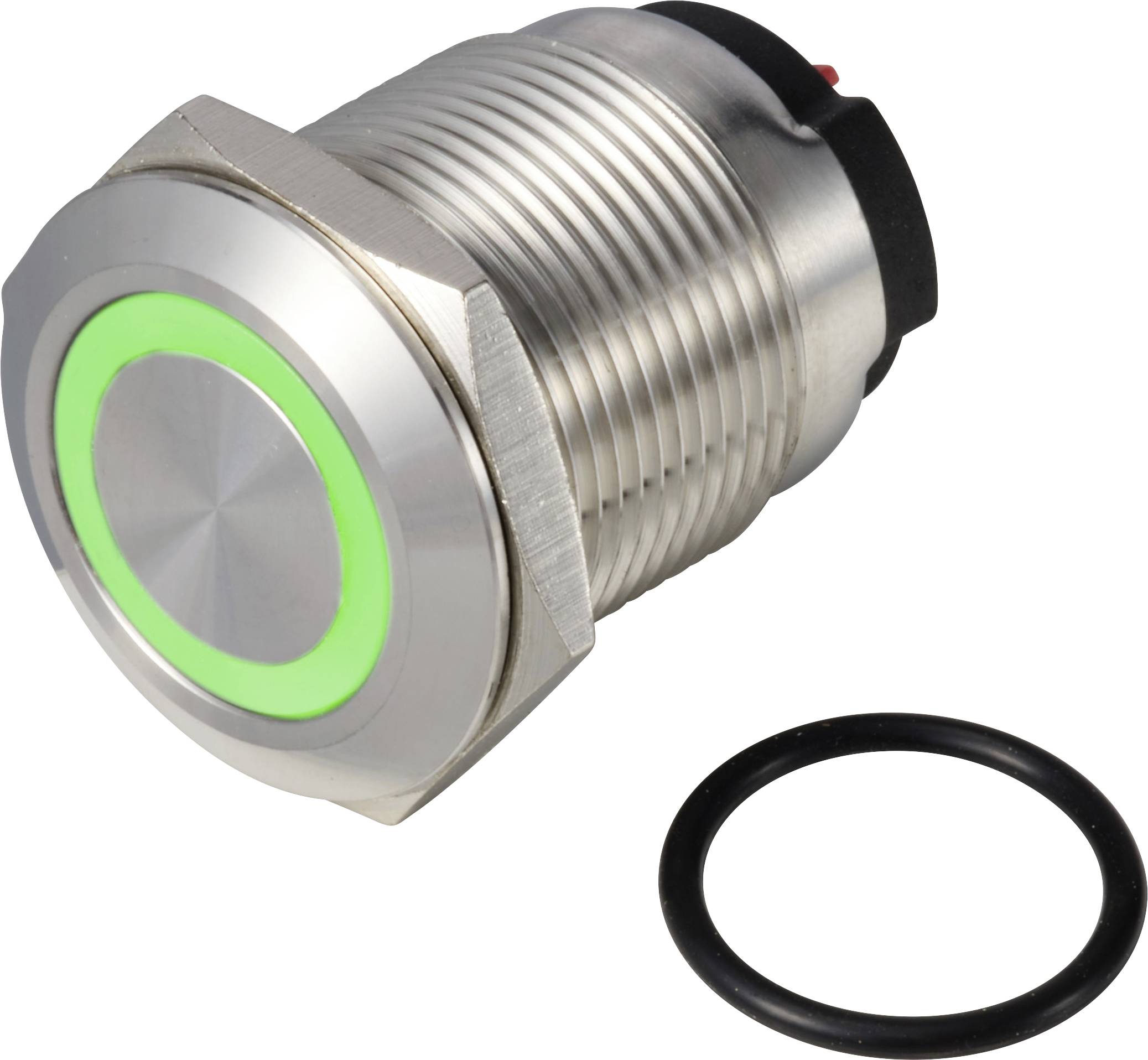 Metallschalter mit grünem LED-Ring, ohne sichtbare Beschriftung. Enthält separat einen schwarzen O-Ring zur Abdichtung.