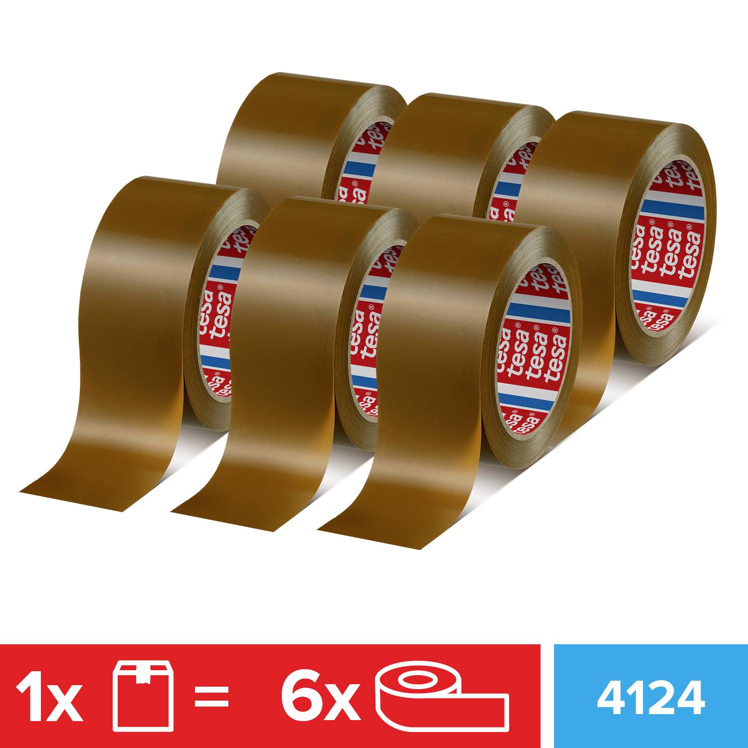 Produktbild: Sechs Rollen Tesa Packband 4124 in Braun. Hinweis: Ein Pack enthält sechs Rollen.