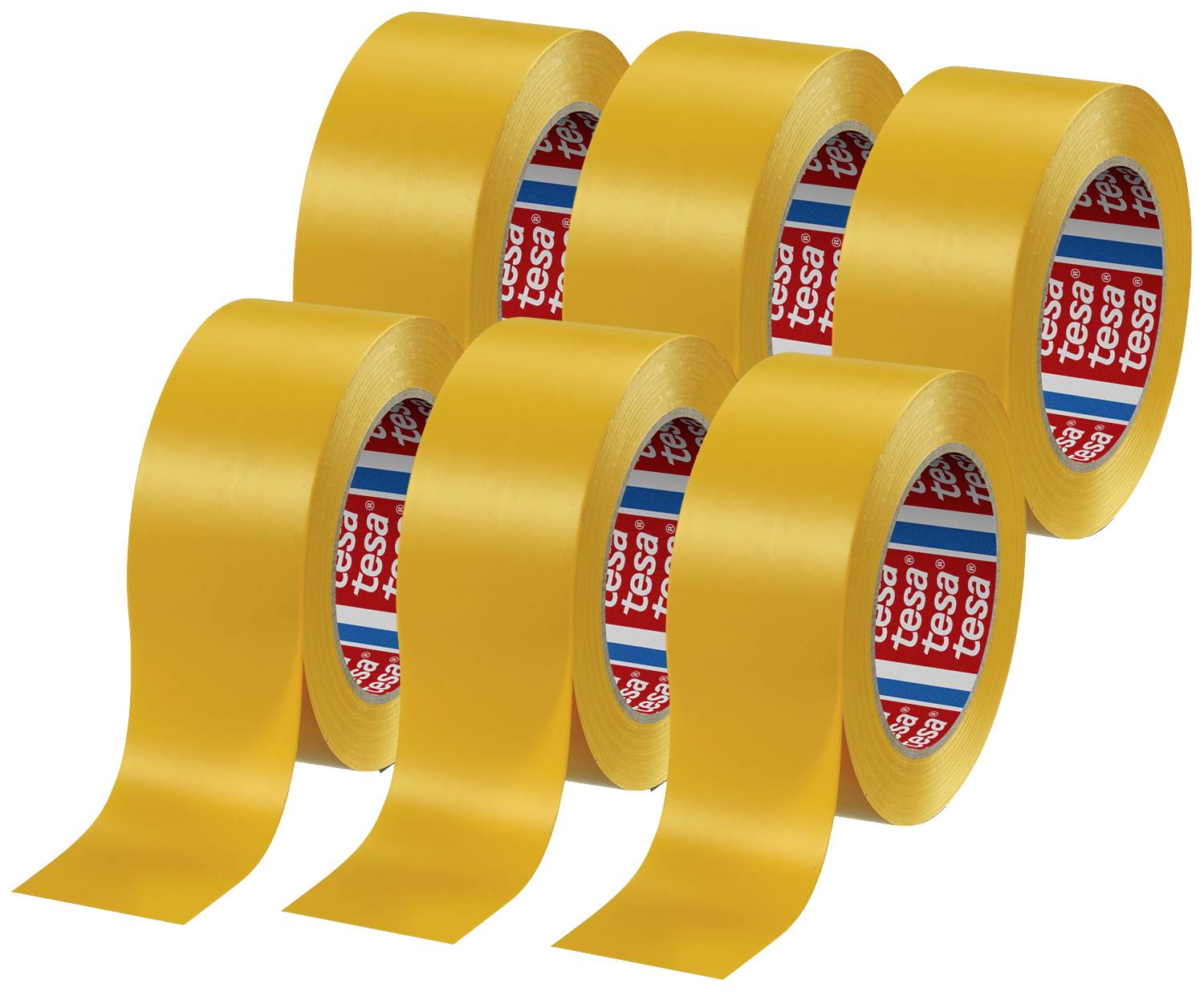 Sechs gelbe Klebebandrollen der Marke tesa in zwei Reihen.