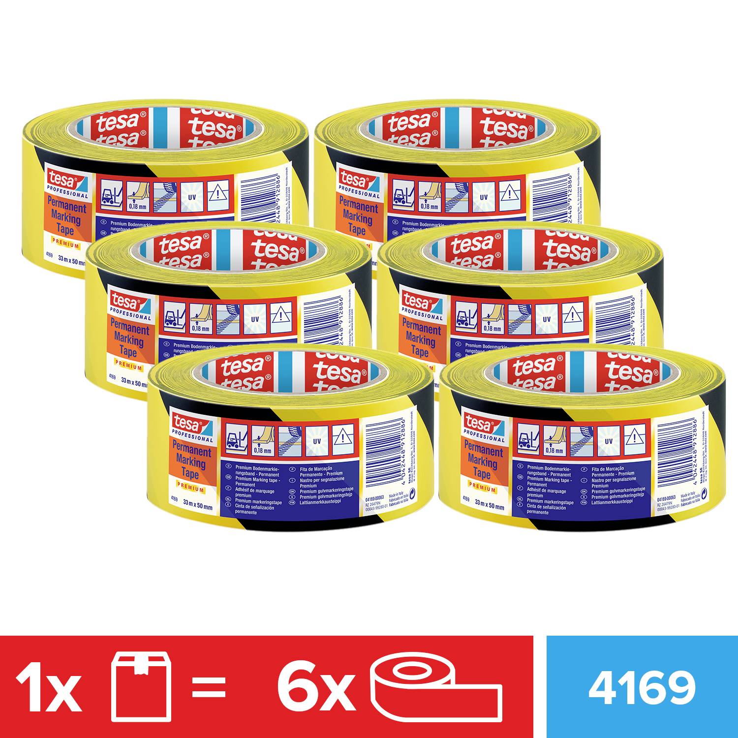 Sechs Rollen gelbes tesa-Verpackungsklebeband, ideal für starkes Verpacken. Etiketten und Symbole auf den Rollen sichtbar.