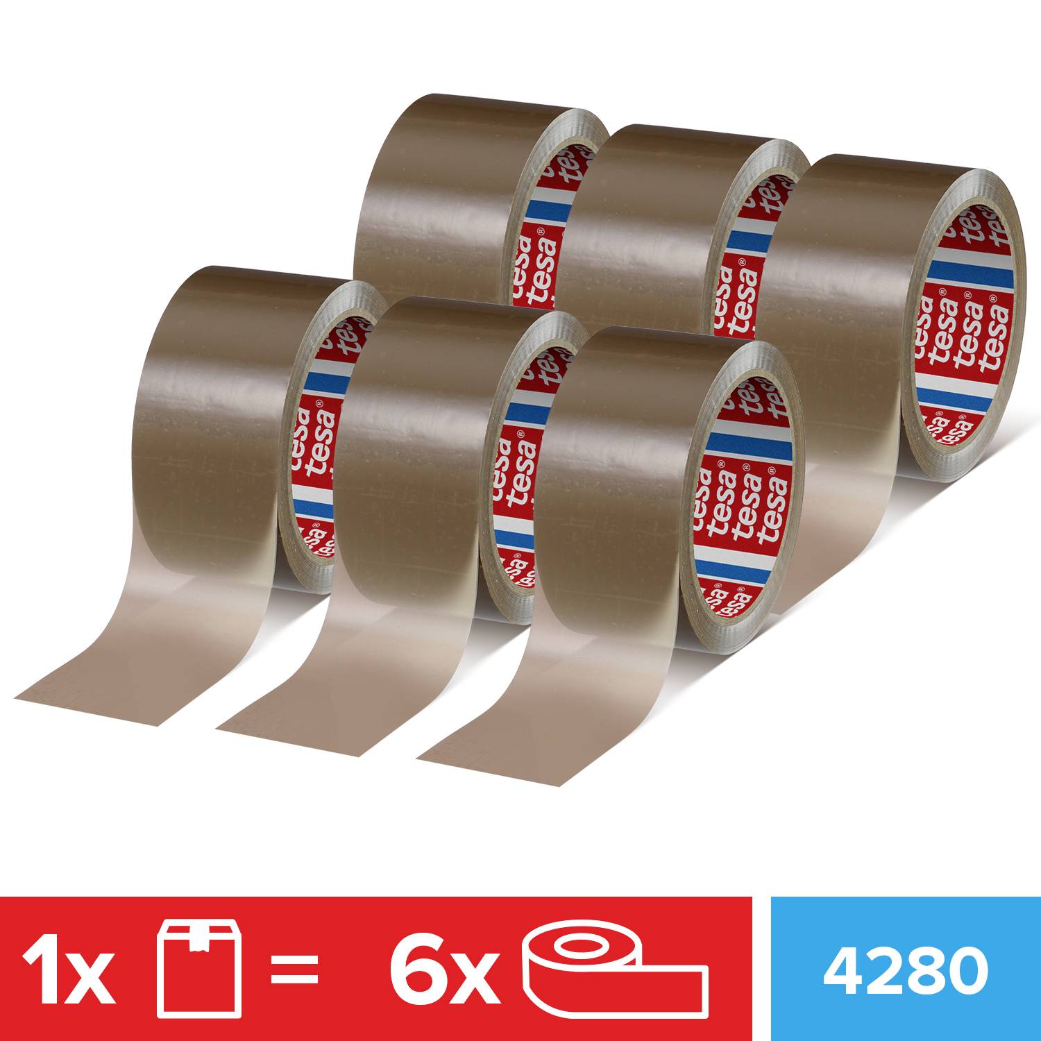 Sechs Rollen braunes Klebeband nebeneinander. Unten eine Grafik: '1x 6x 4280' in einem roten und blauen Bereich.