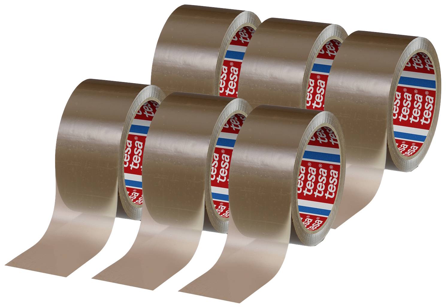 Sechs Rollen braunes Klebeband mit sichtbar rotem Markennamen auf der Innenseite.