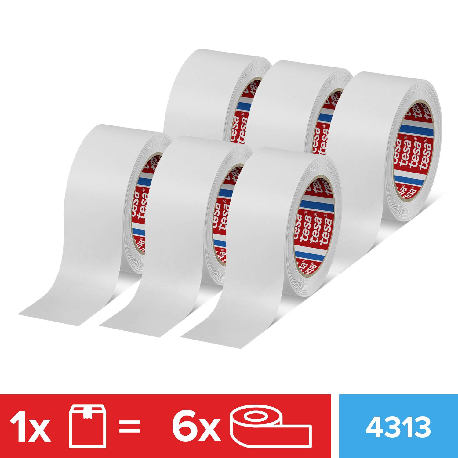 Produktbild eines 6er-Packs transparentes Klebeband. Verpackung zeigt Symbol: 1 Karton = 6 Rollen. Produktnummer 4313.