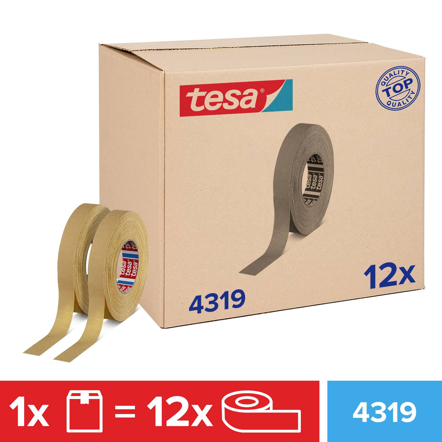 Die Verpackung zeigt 12 Rollen Klebeband von tesa, Modell 4319, in natürlichem Braun. Links unten ist das Symbol für 12 Rollen pro Paket.