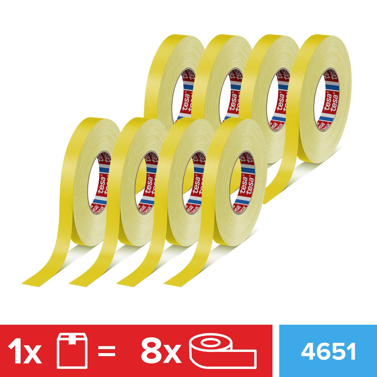 Acht gelbe Klebebandrollen in einer Reihe. Text im Bild: '1x' mit Schachtel-Symbol entspricht '8x' Klebebandrollen, Nummer 4651.