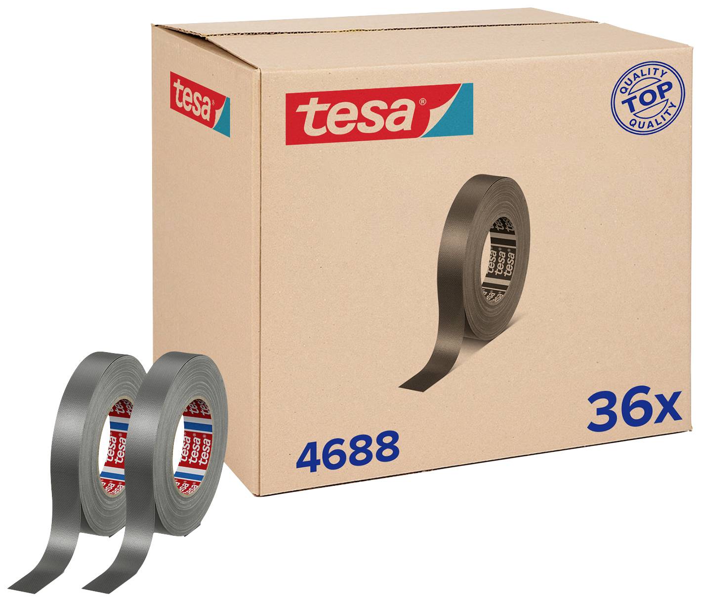 Karton mit der Aufschrift 'tesa 36x', daneben zwei Rollen graues Klebeband.