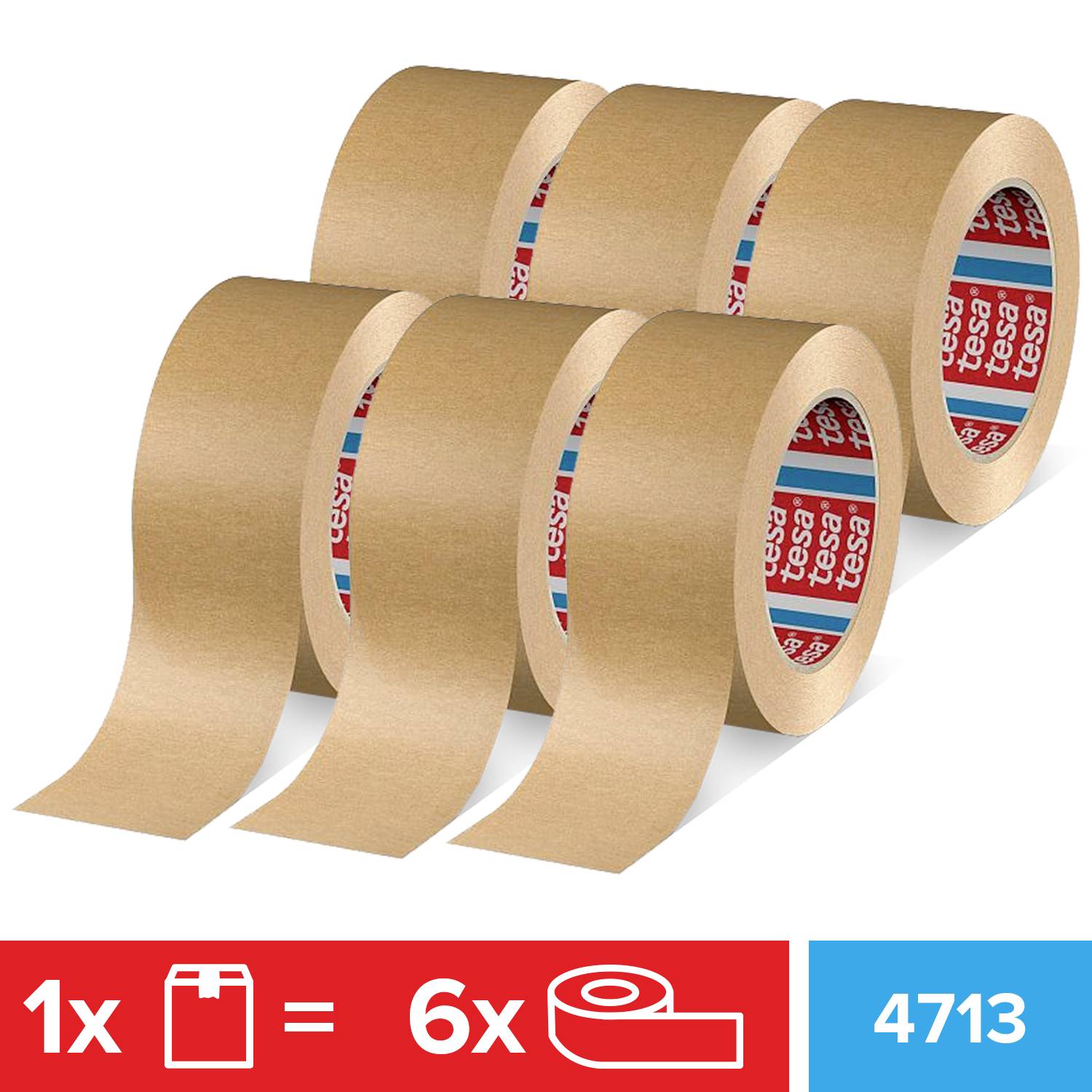 Sechs braune Klebebandrollen. Unten links: Symbol für '1x Karton = 6x Rollen'. Unten rechts: Zahl '4713'.