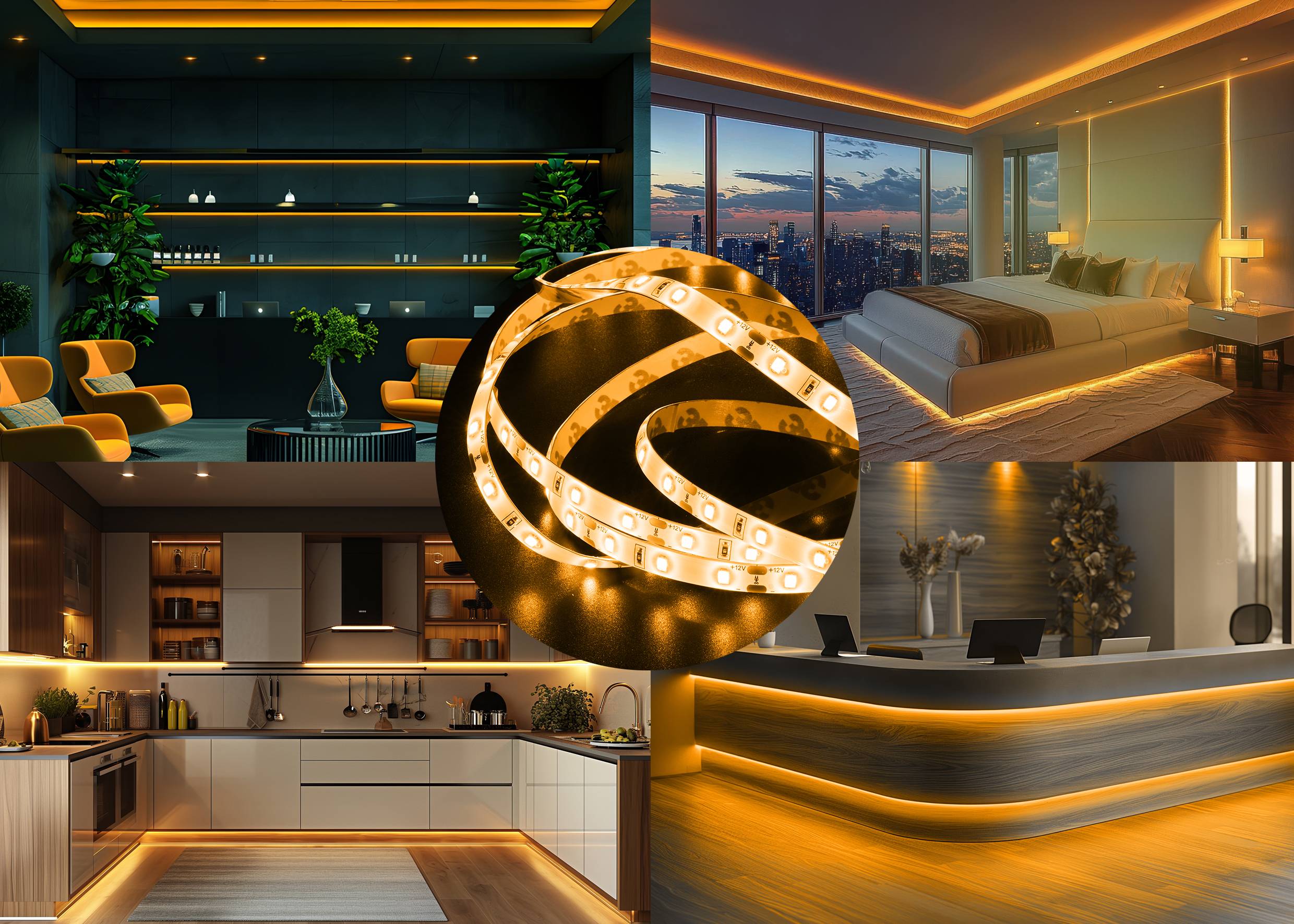 Verschiedene Innenräume mit warmweiß beleuchteten LED-Streifen: Wohnzimmer, Schlafzimmer, Küche und Empfangsbereich.