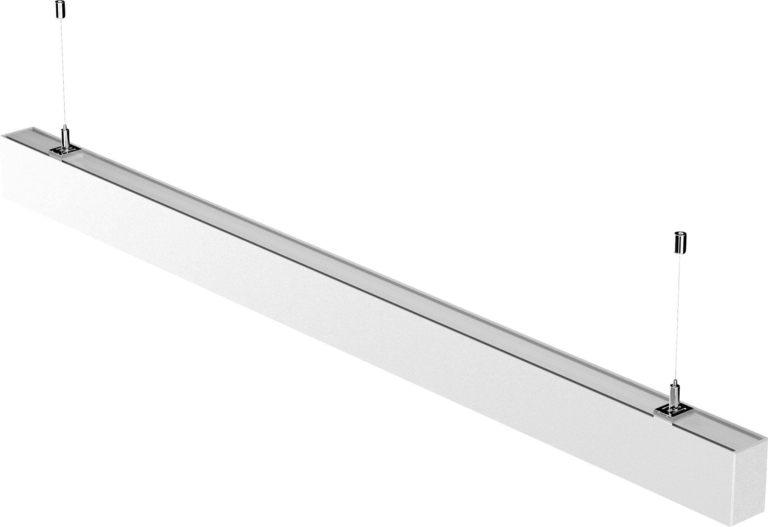 Eine elegante, rechteckige Pendelleuchte in Weiß, die an zwei Kabeln hängt und für moderne Innenräume konzipiert ist.