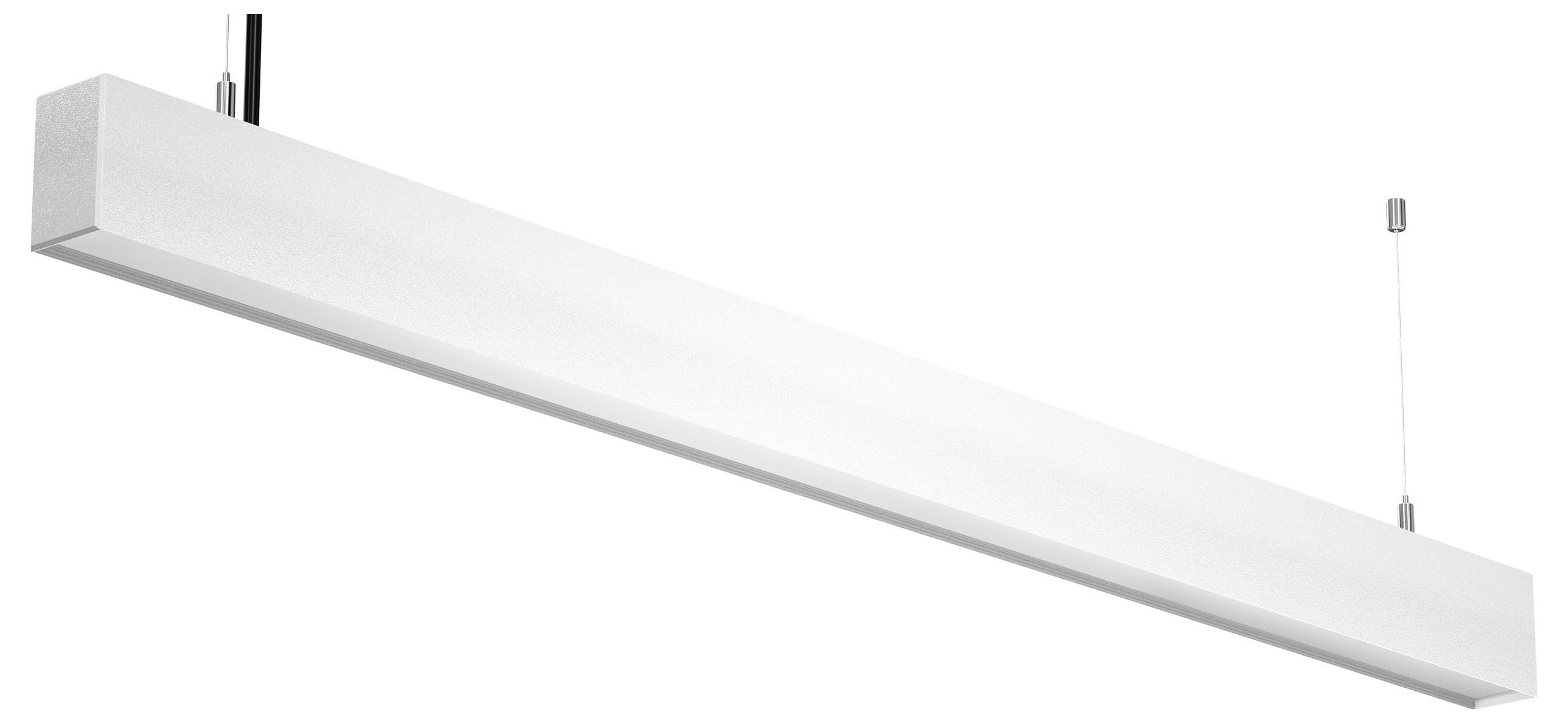 Eine weiße rechteckige Pendelleuchte, die von zwei Drähten von der Decke abgehängt wird und ein minimalistisches und modernes Design aufweist.