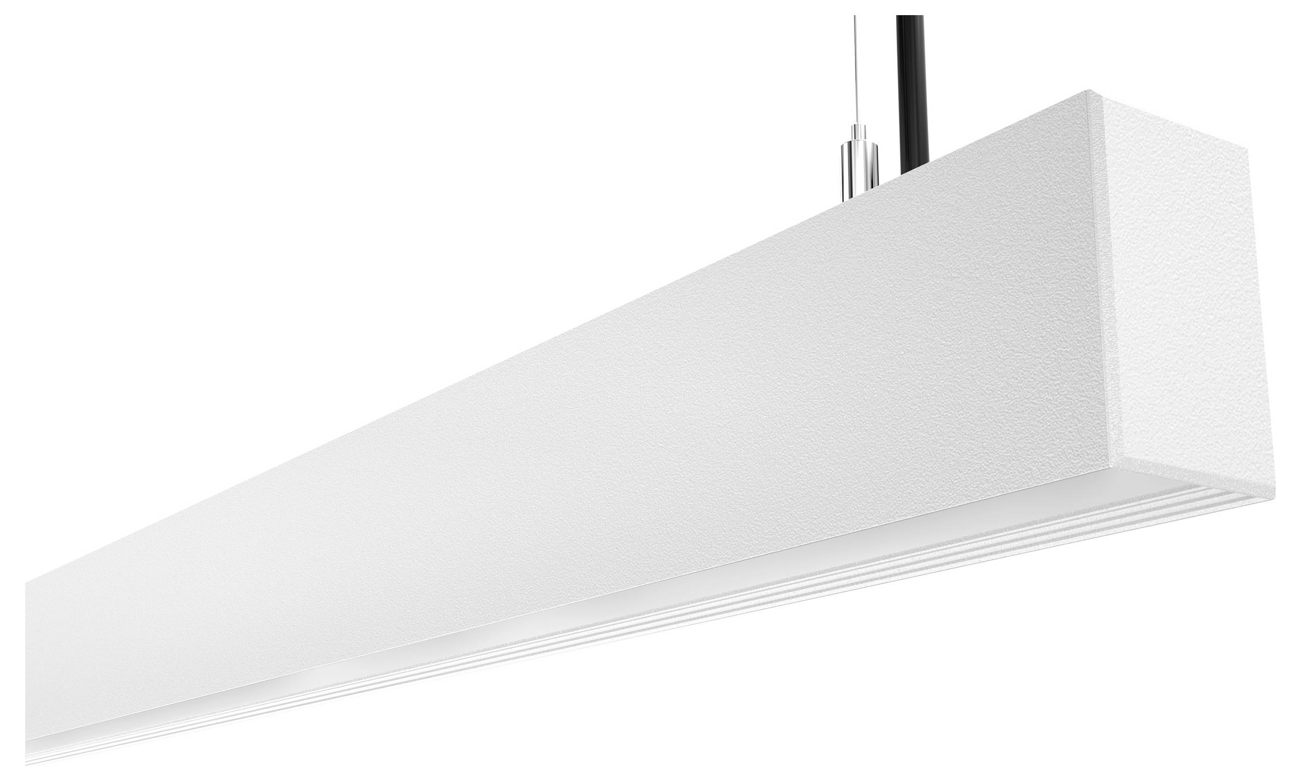 Eine weiße, rechteckige LED-Leuchte, die von der Decke abgehängt wird und ein minimalistisches und modernes Design aufweist.