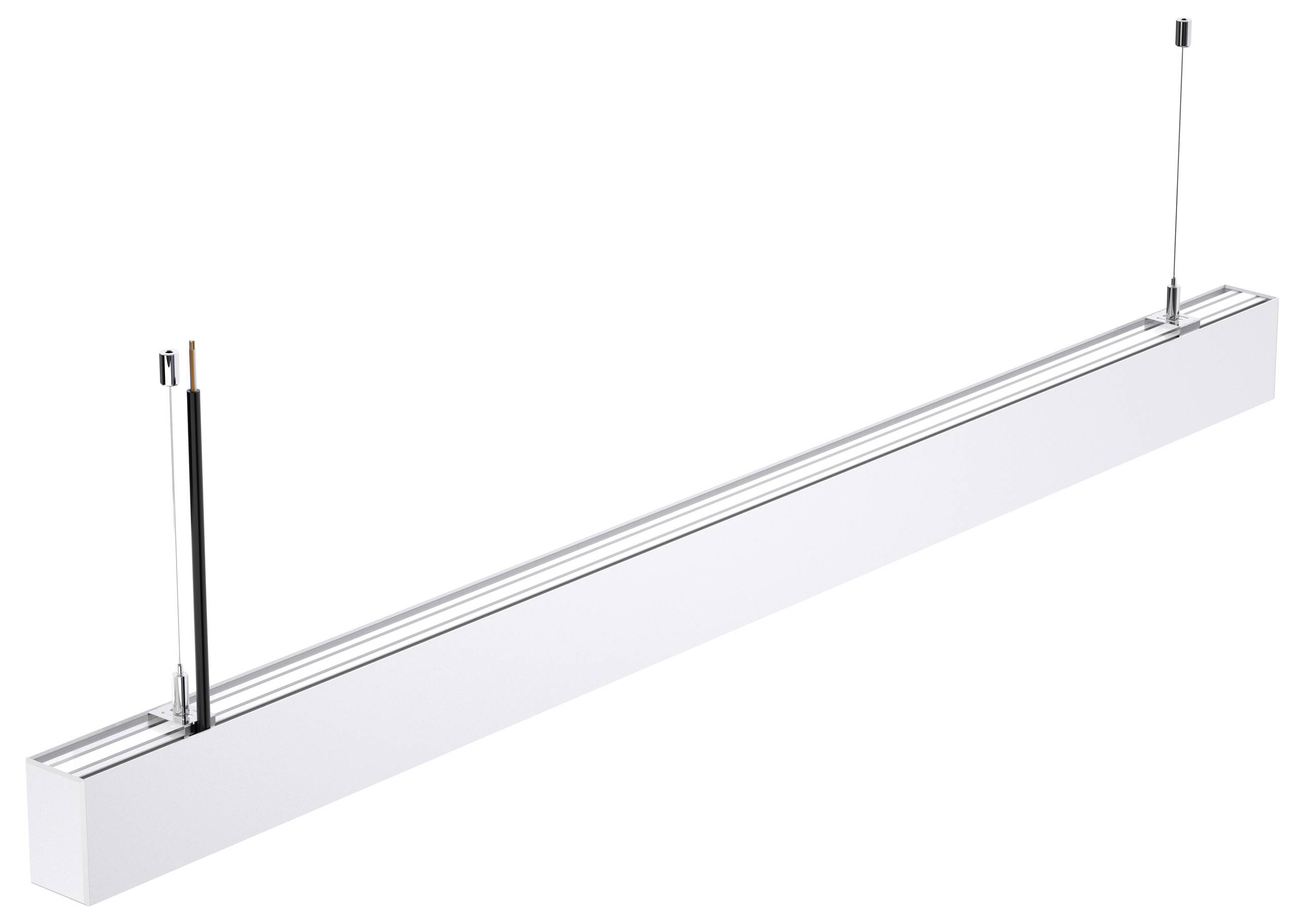 Eine hängende, lineare Deckenleuchte mit sichtbaren Kabeln, konzipiert für moderne Innenräume.