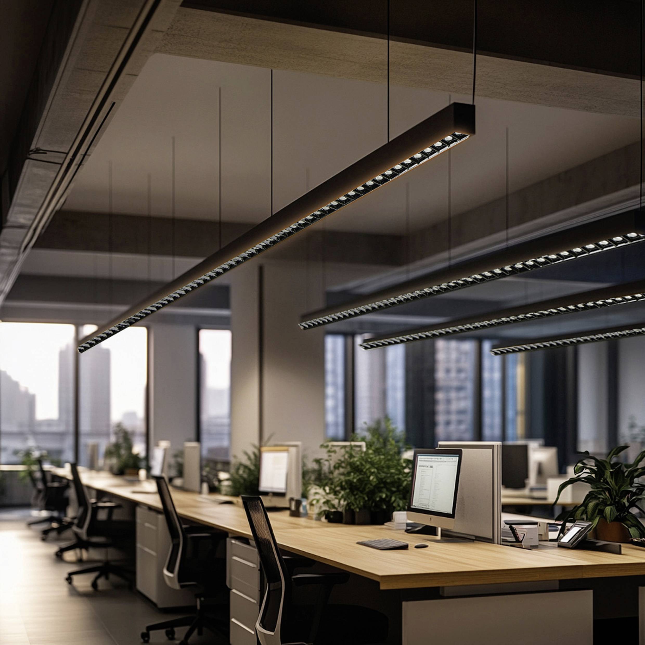 Moderner Büroraum mit langen Tischen, Computern und Bürostühlen. Große Fenster bieten Blick auf die Stadtlandschaft im Hintergrund.