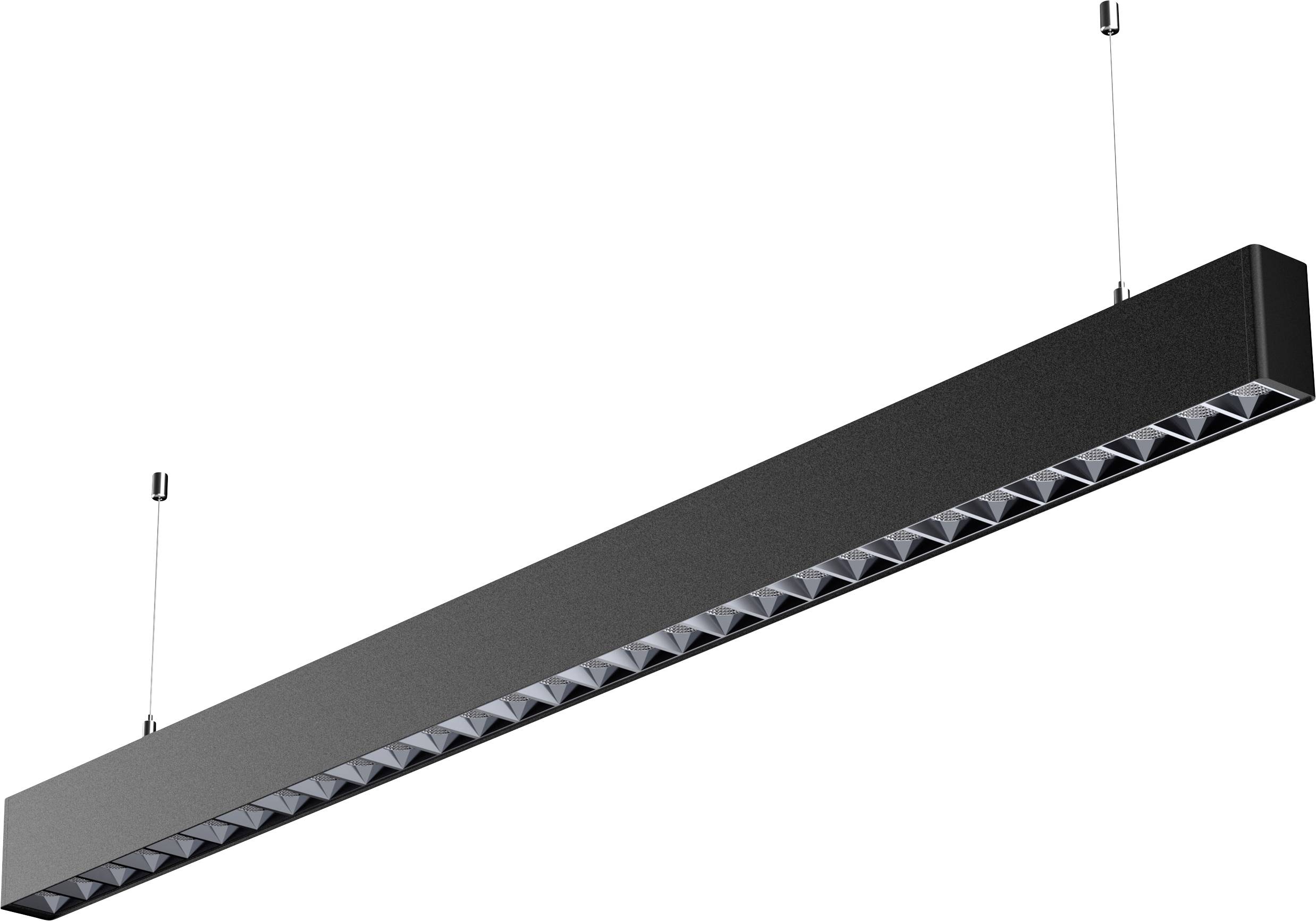 Schwarze, längliche LED-Hängeleuchte mit Gitterdesign, aufgehängt an zwei dünnen Kabeln. Geeignet für moderne Innenräume.