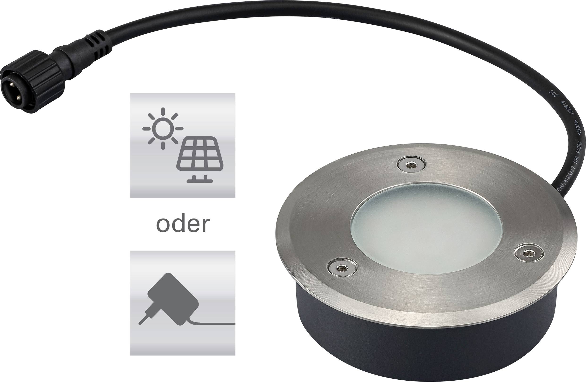 Runde LED-Bodenleuchte mit Solar- und SteckerOption, ausgestattet mit einem metallischen Rahmen und einem Netzkabel mit Anschluss.