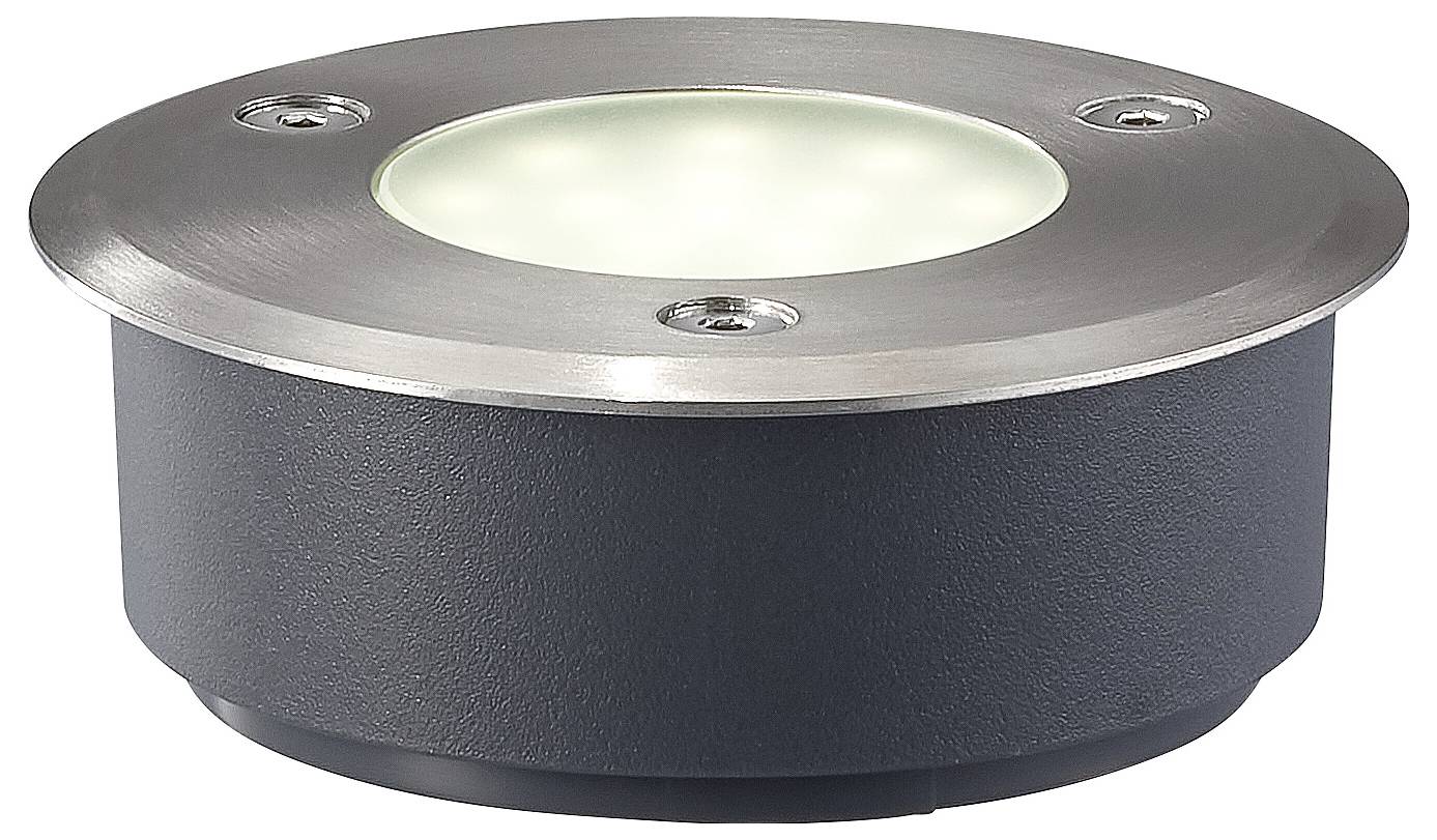 Bodenmontierte LED-Leuchte mit Rahmen aus Edelstahl und sichtbaren Schrauben, geeignet für Außen- oder Wegbeleuchtung.